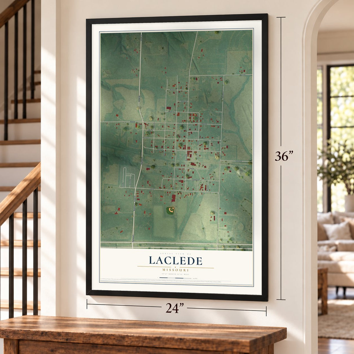 Laclede, Missouri map, 24 x 36 inch print in a black frame by a staircase