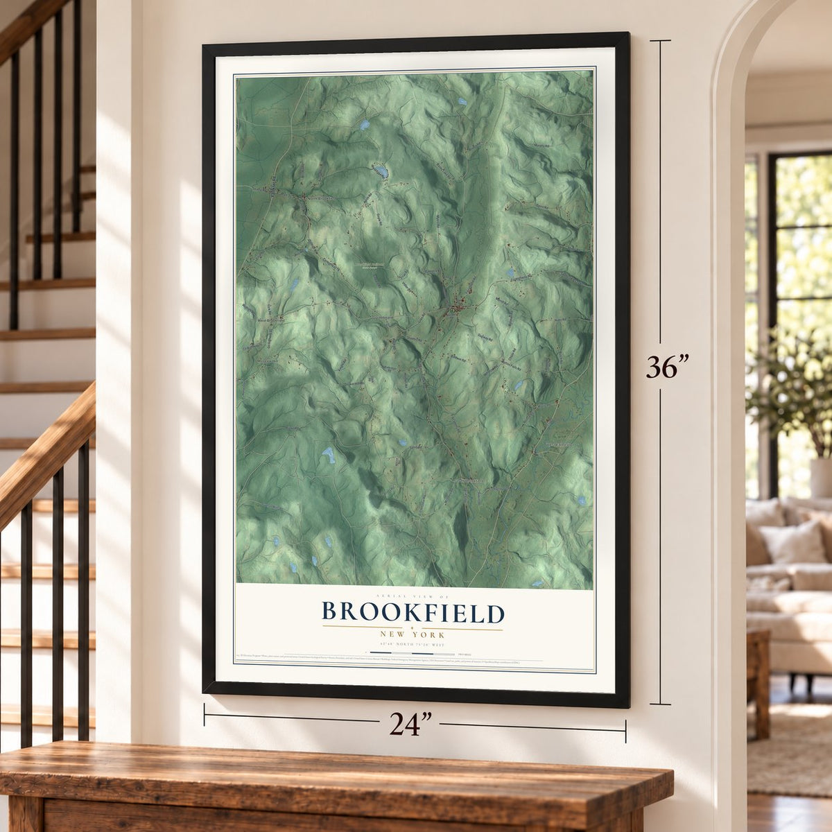 Brookfield, New York map, 24 x 36 inch print in a black frame by a staircase