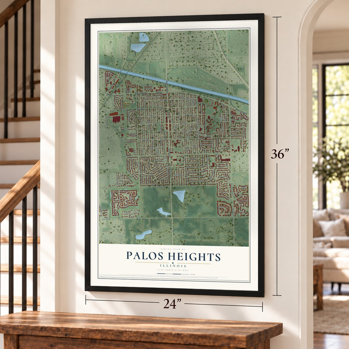 Palos Heights, Illinois map, 24 x 36 inch print in a black frame by a staircase