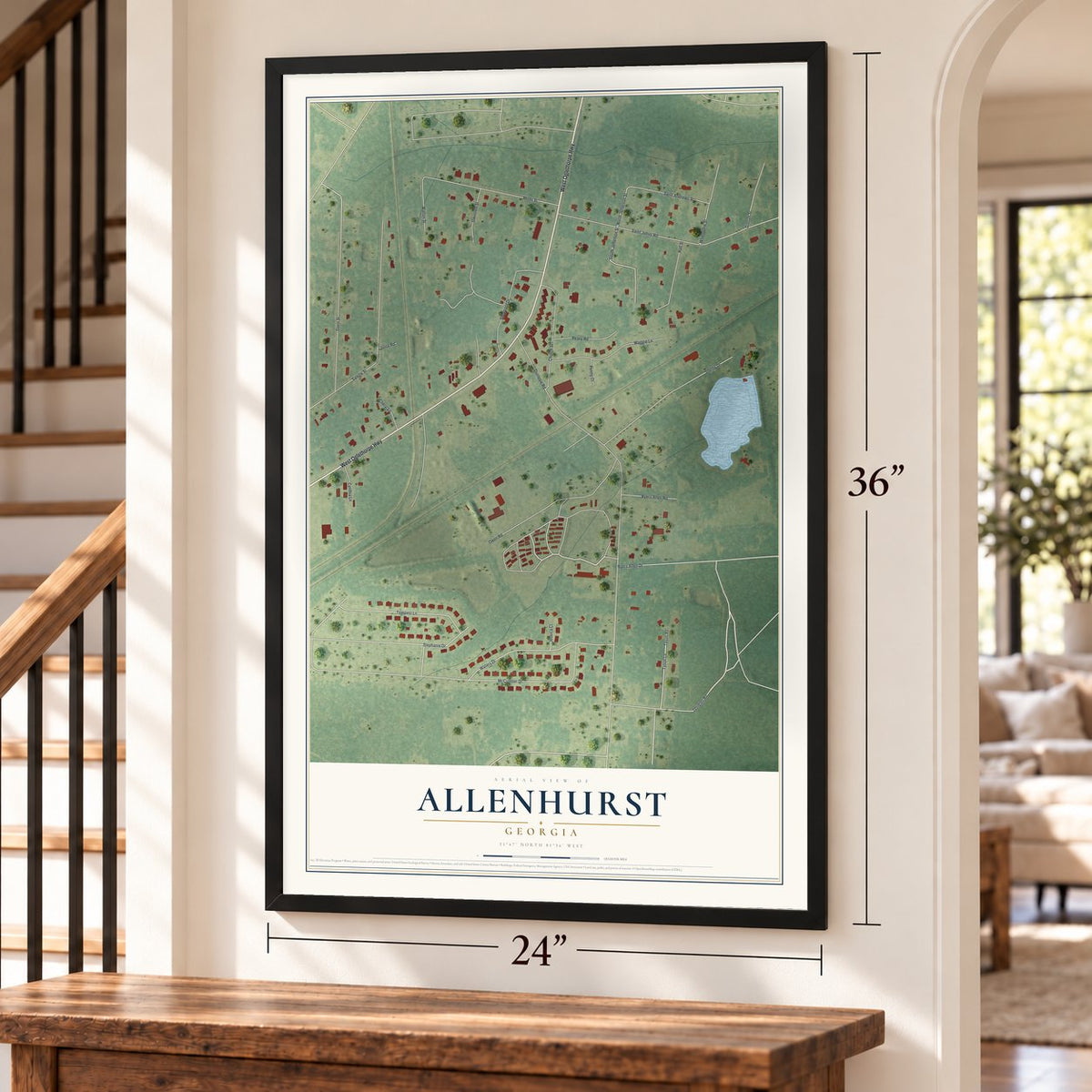Allenhurst, Georgia map, 24 x 36 inch print in a black frame by a staircase
