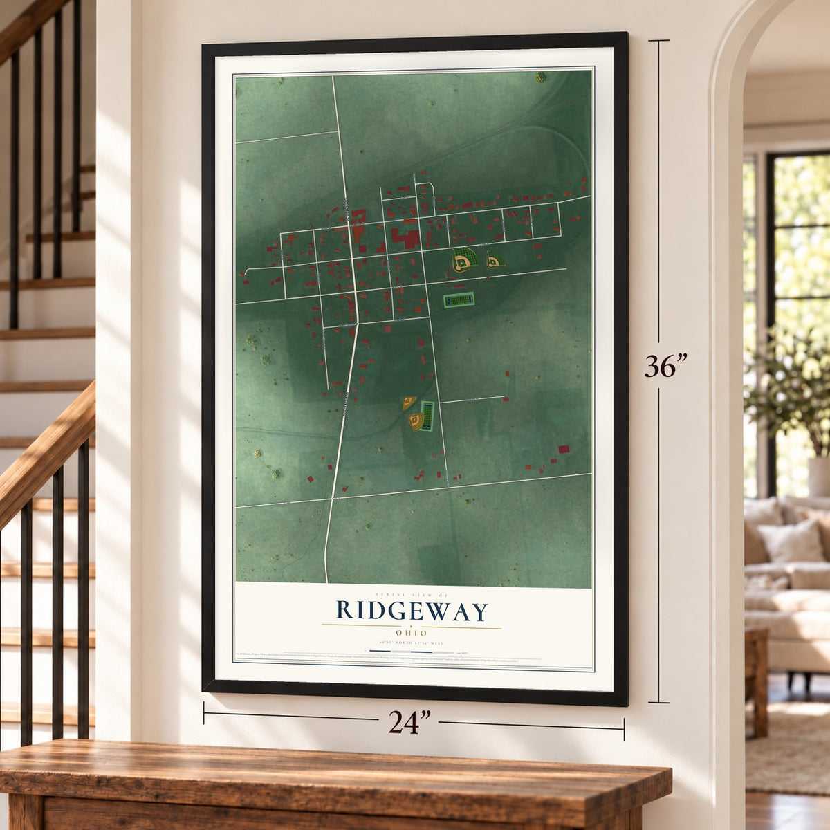 Ridgeway, Ohio map, 24 x 36 inch print in a black frame by a staircase