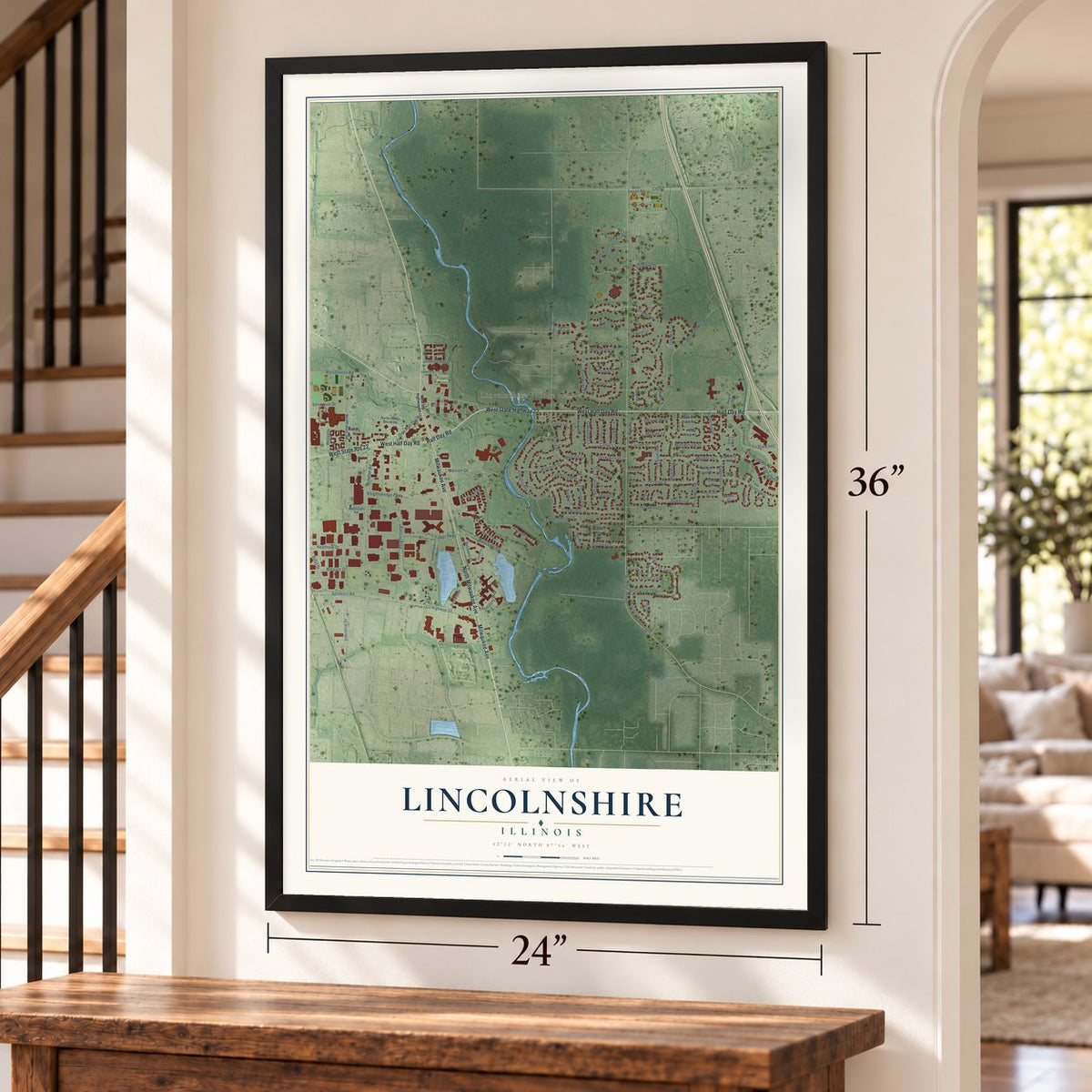 Lincolnshire, Illinois map, 24 x 36 inch print in a black frame by a staircase