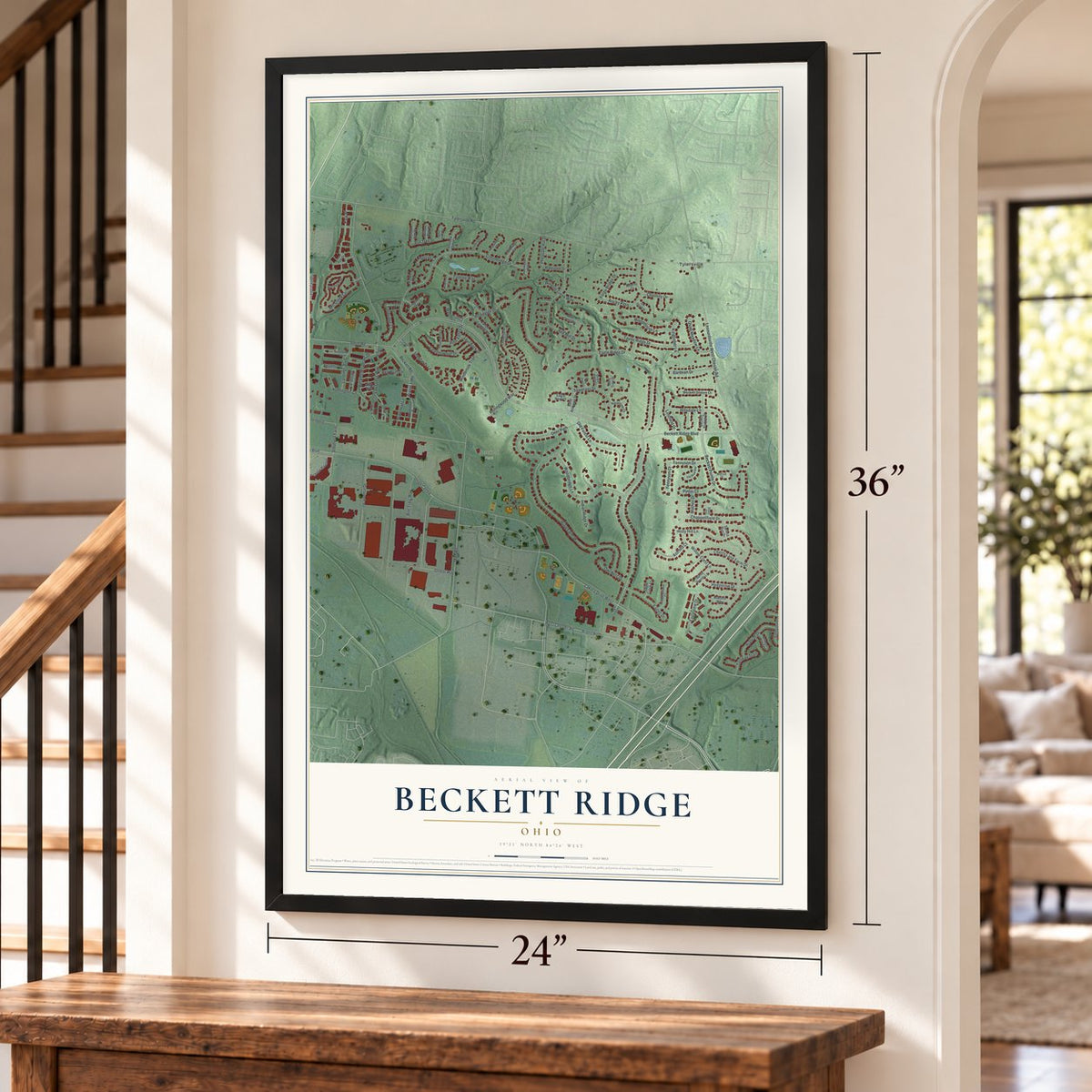 Beckett Ridge, Ohio map, 24 x 36 inch print in a black frame by a staircase