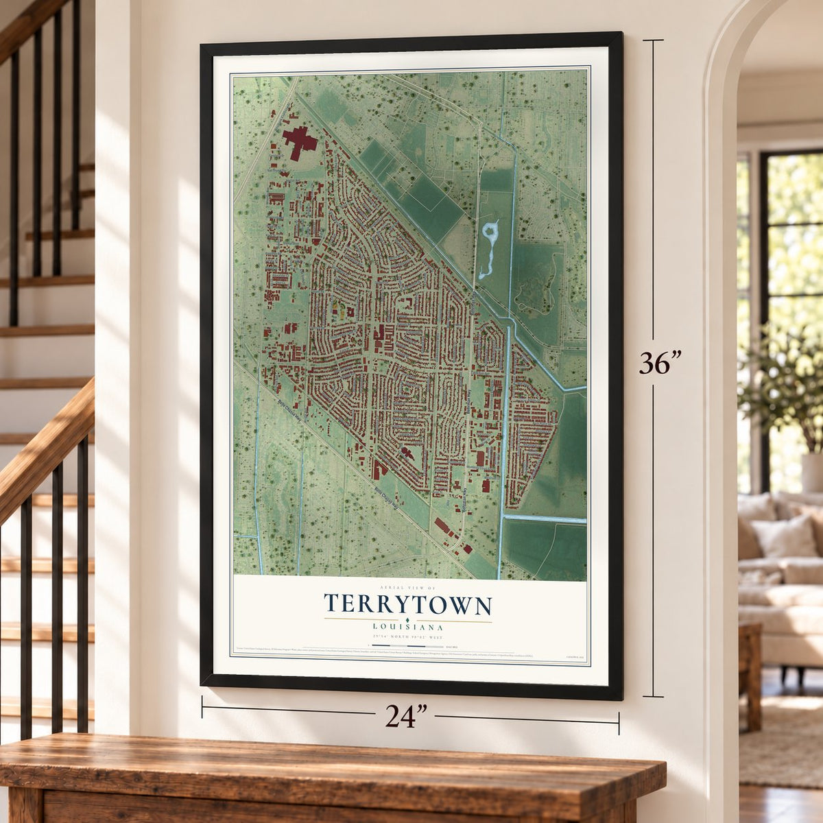 Terrytown, Louisiana map, 24 x 36 inch print in a black frame by a staircase