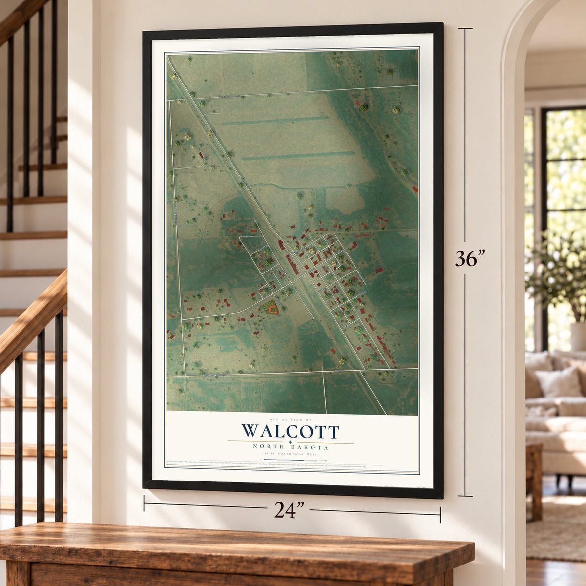 Walcott, North Dakota map, 24 x 36 inch print in a black frame by a staircase