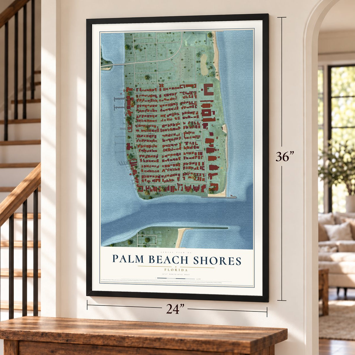 Palm Beach Shores, Florida map, 24 x 36 inch print in a black frame by a staircase