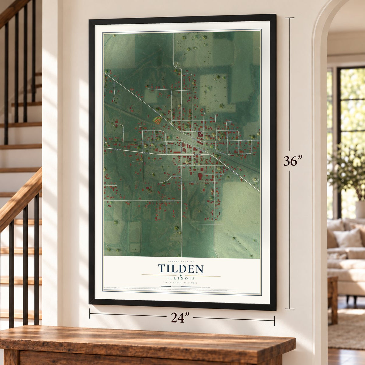 Tilden, Illinois map, 24 x 36 inch print in a black frame by a staircase