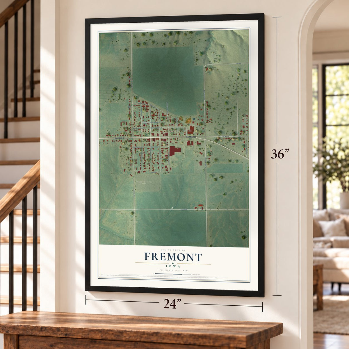 Fremont, Iowa map, 24 x 36 inch print in a black frame by a staircase