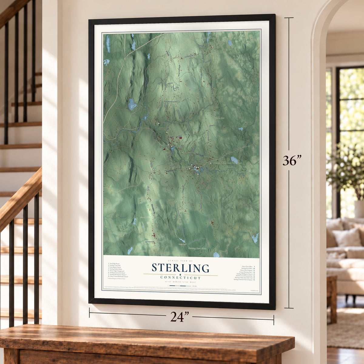 Sterling, Connecticut map, 24 x 36 inch print in a black frame by a staircase