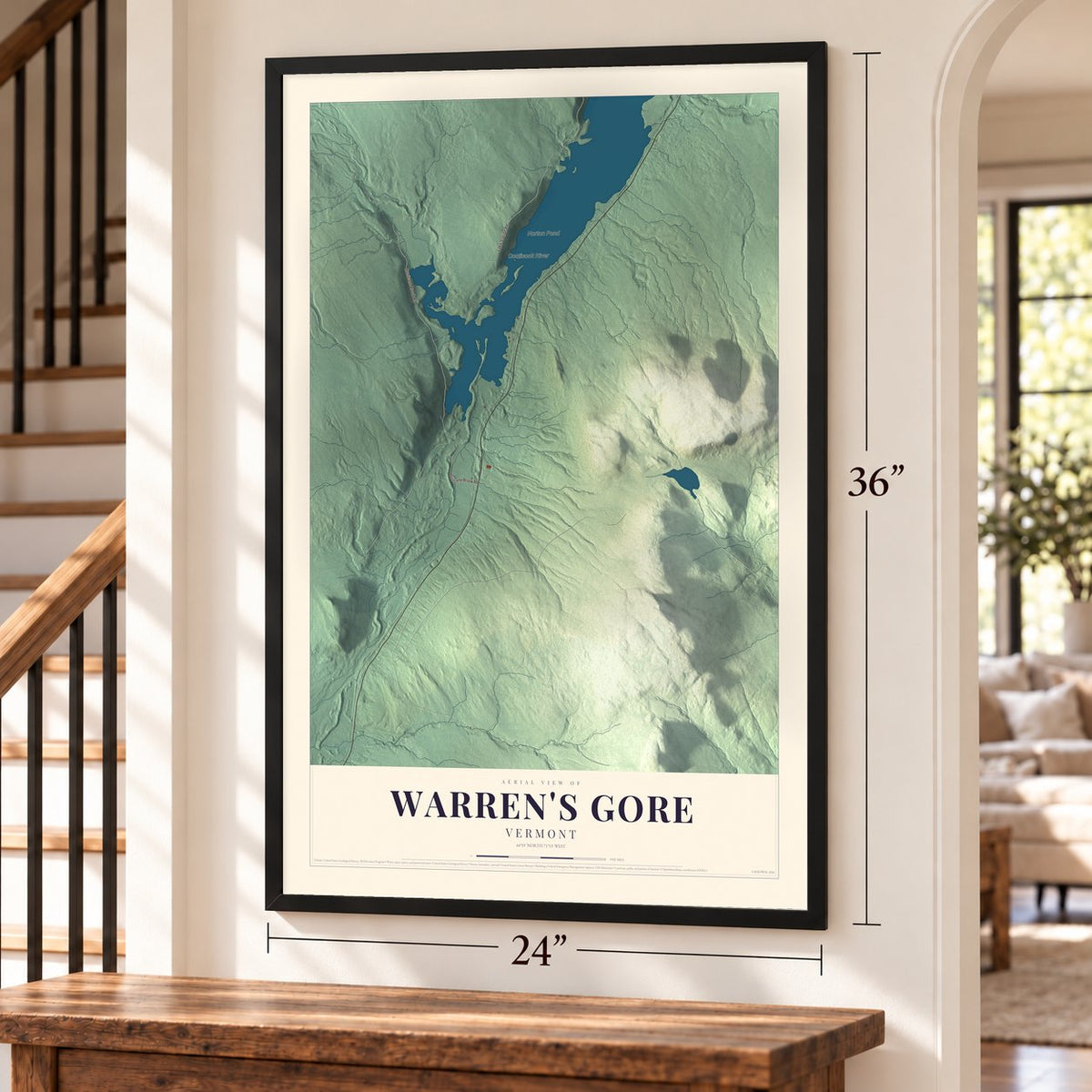 Warren's Gore, Vermont map, 24 x 36 inch print in a black frame by a staircase