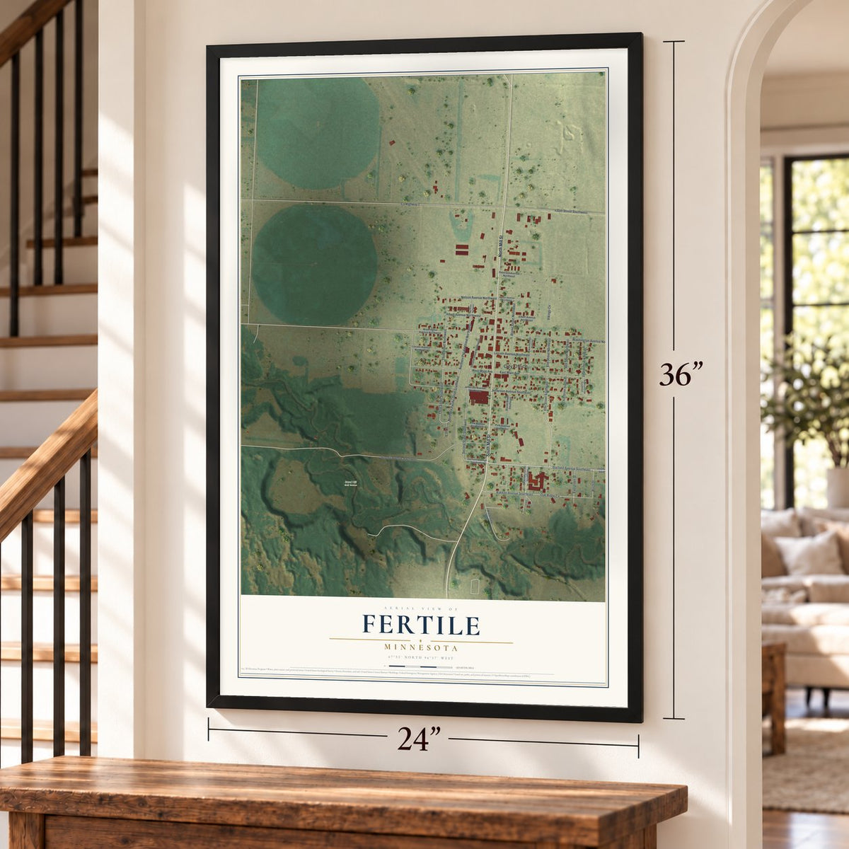 Fertile, Minnesota map, 24 x 36 inch print in a black frame by a staircase
