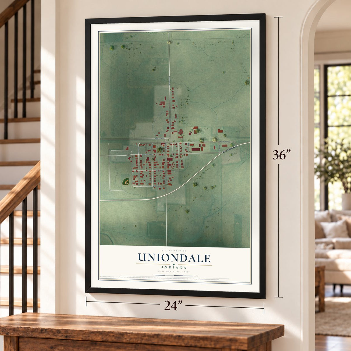 Uniondale, Indiana map, 24 x 36 inch print in a black frame by a staircase