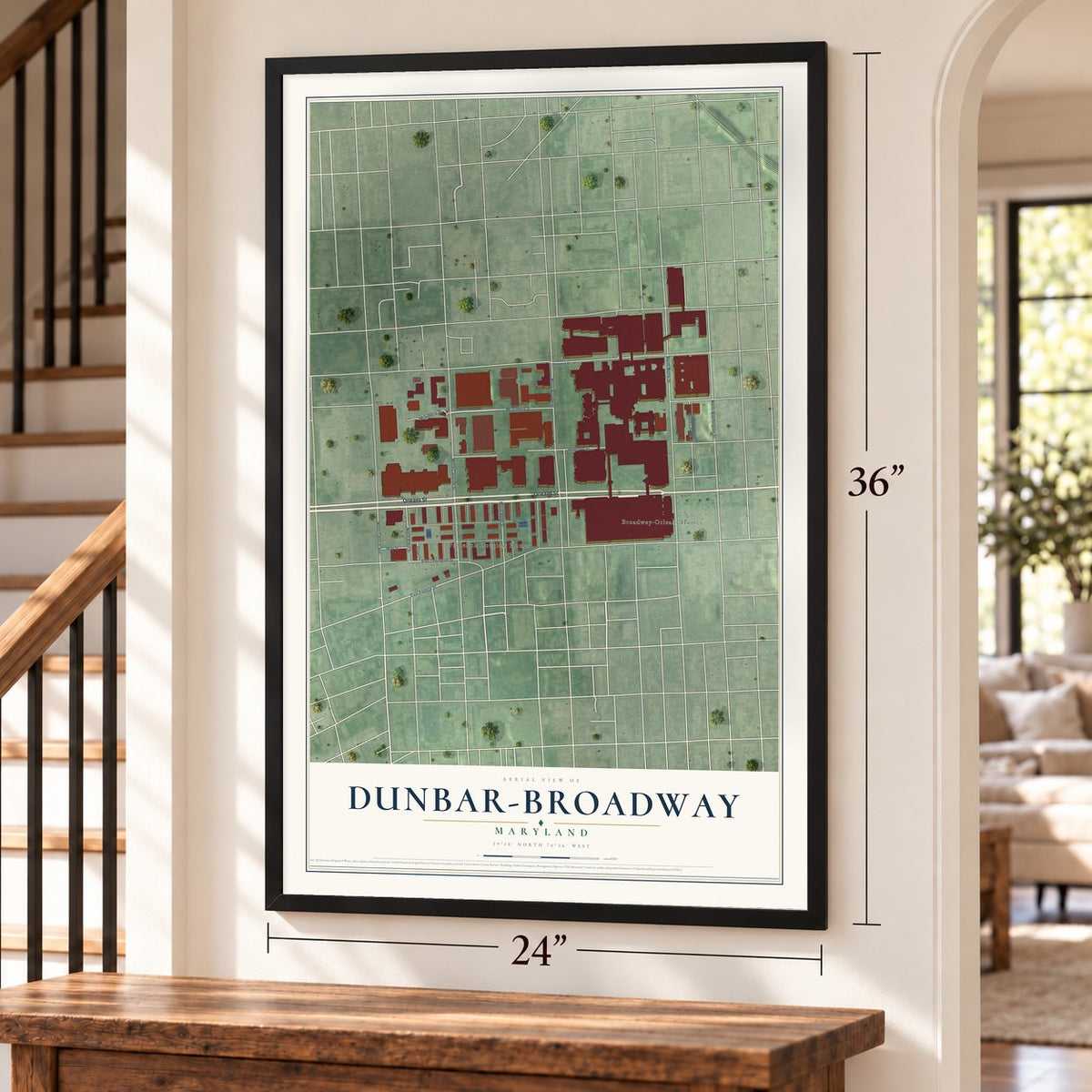 Dunbar-Broadway, Maryland map, 24 x 36 inch print in a black frame by a staircase