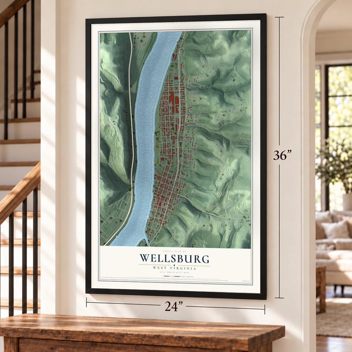 Wellsburg, West Virginia map, 24 x 36 inch print in a black frame by a staircase