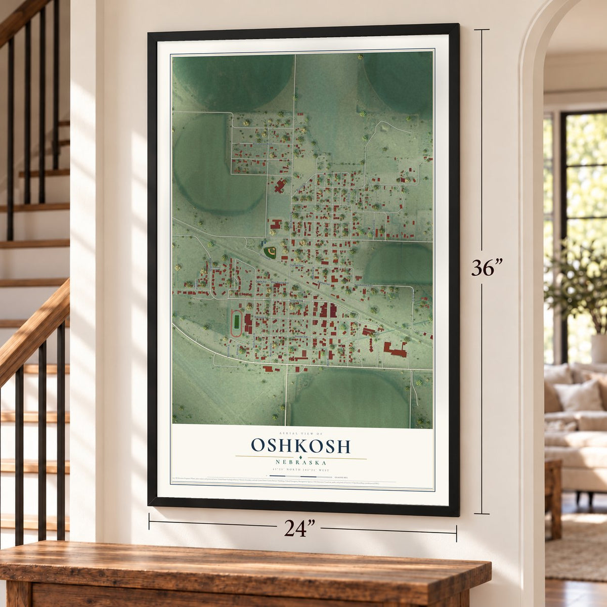 Oshkosh, Nebraska map, 24 x 36 inch print in a black frame by a staircase