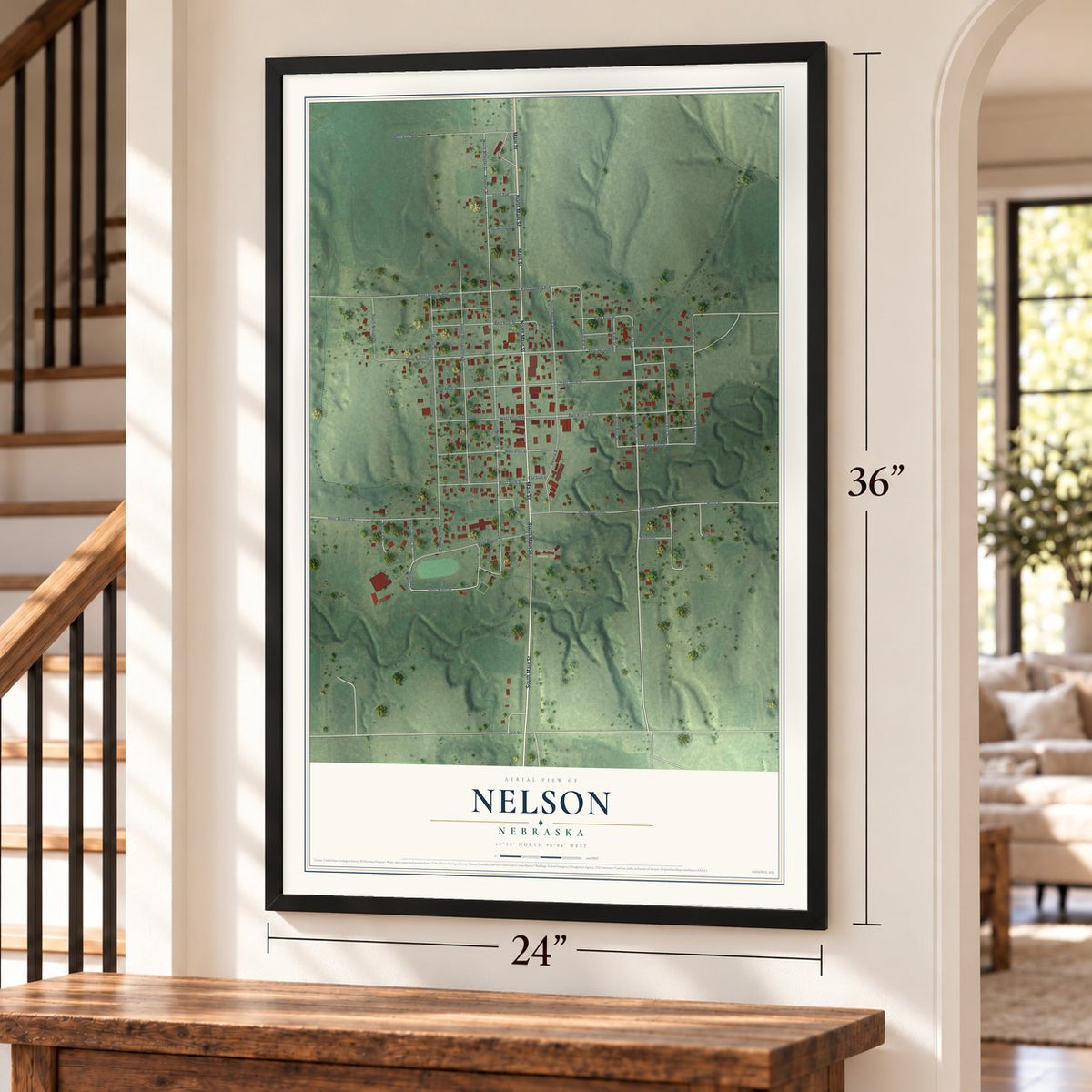 Nelson, Nebraska map, 24 x 36 inch print in a black frame by a staircase