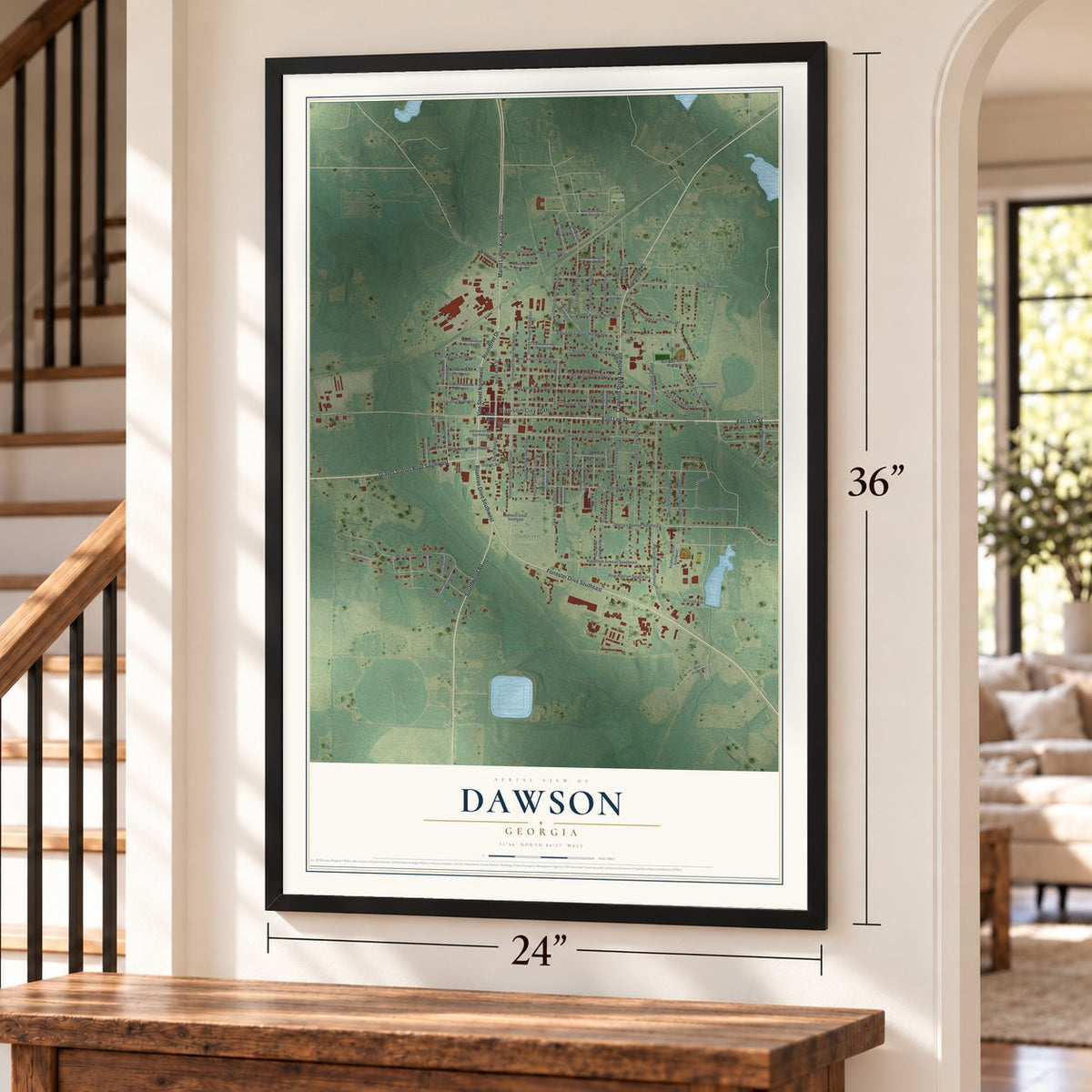 Dawson, Georgia map, 24 x 36 inch print in a black frame by a staircase