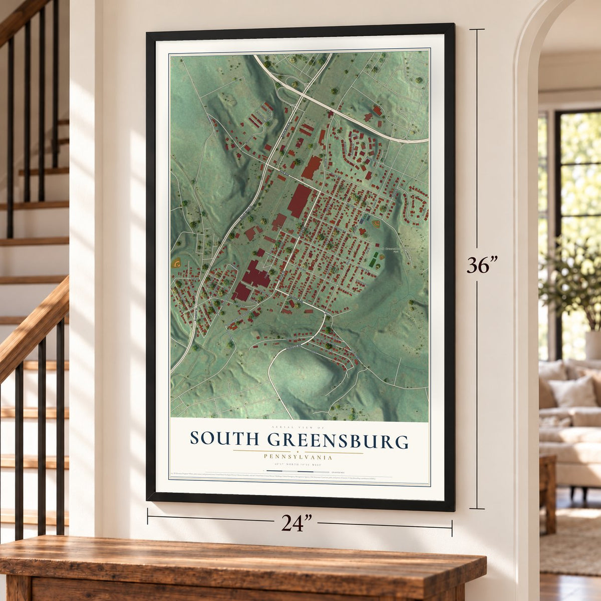 South Greensburg, Pennsylvania map, 24 x 36 inch print in a black frame by a staircase