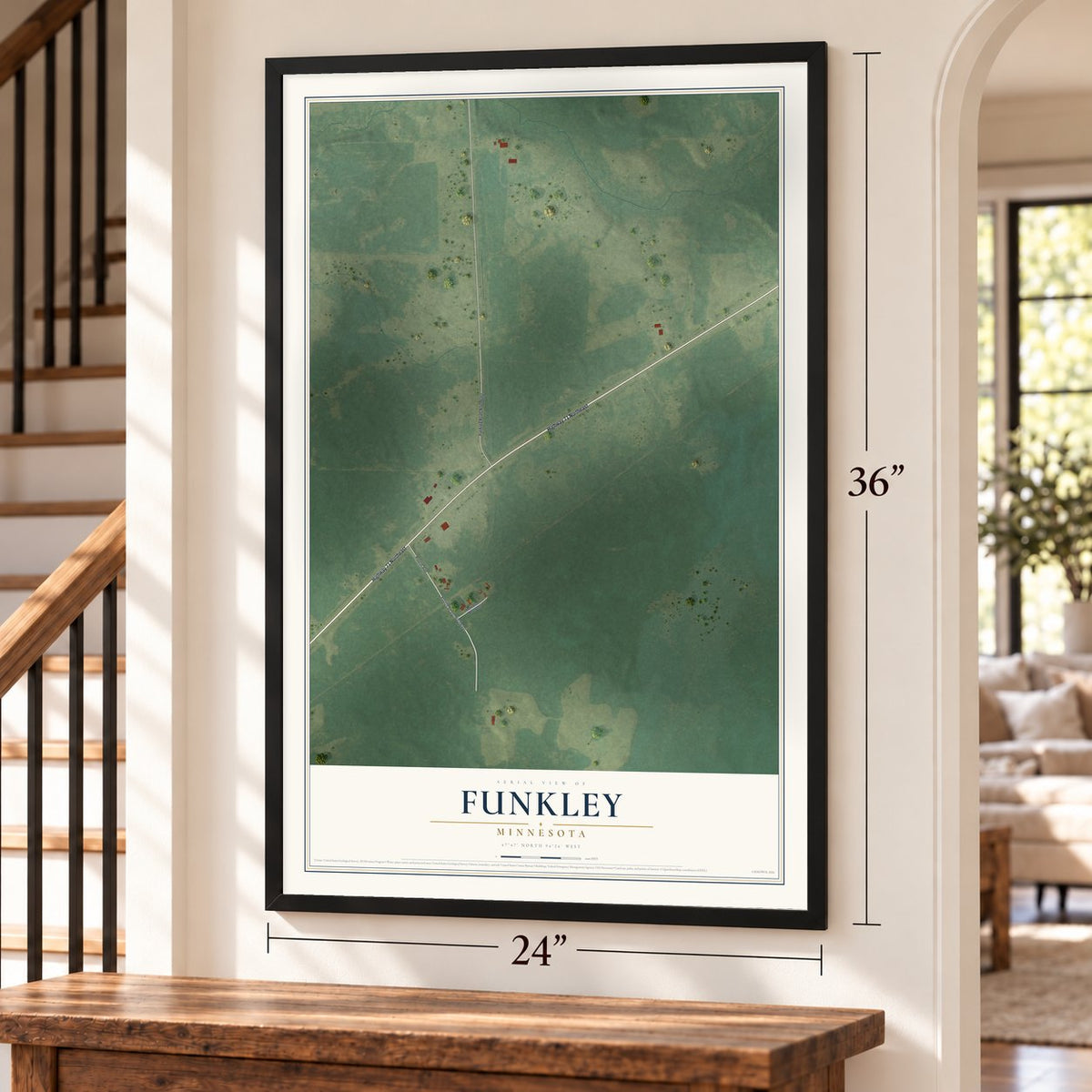 Funkley, Minnesota map, 24 x 36 inch print in a black frame by a staircase