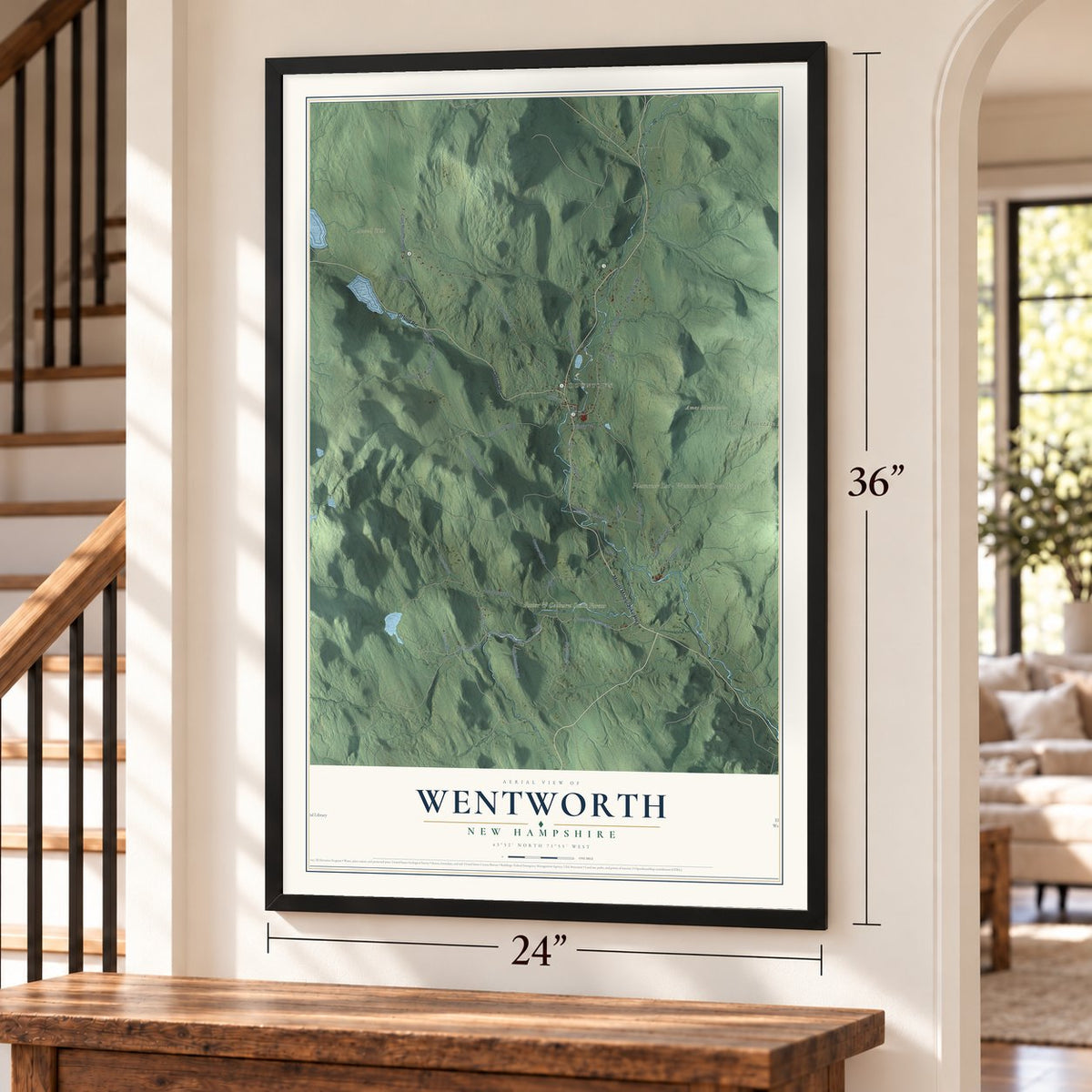 Wentworth, New Hampshire map, 24 x 36 inch print in a black frame by a staircase