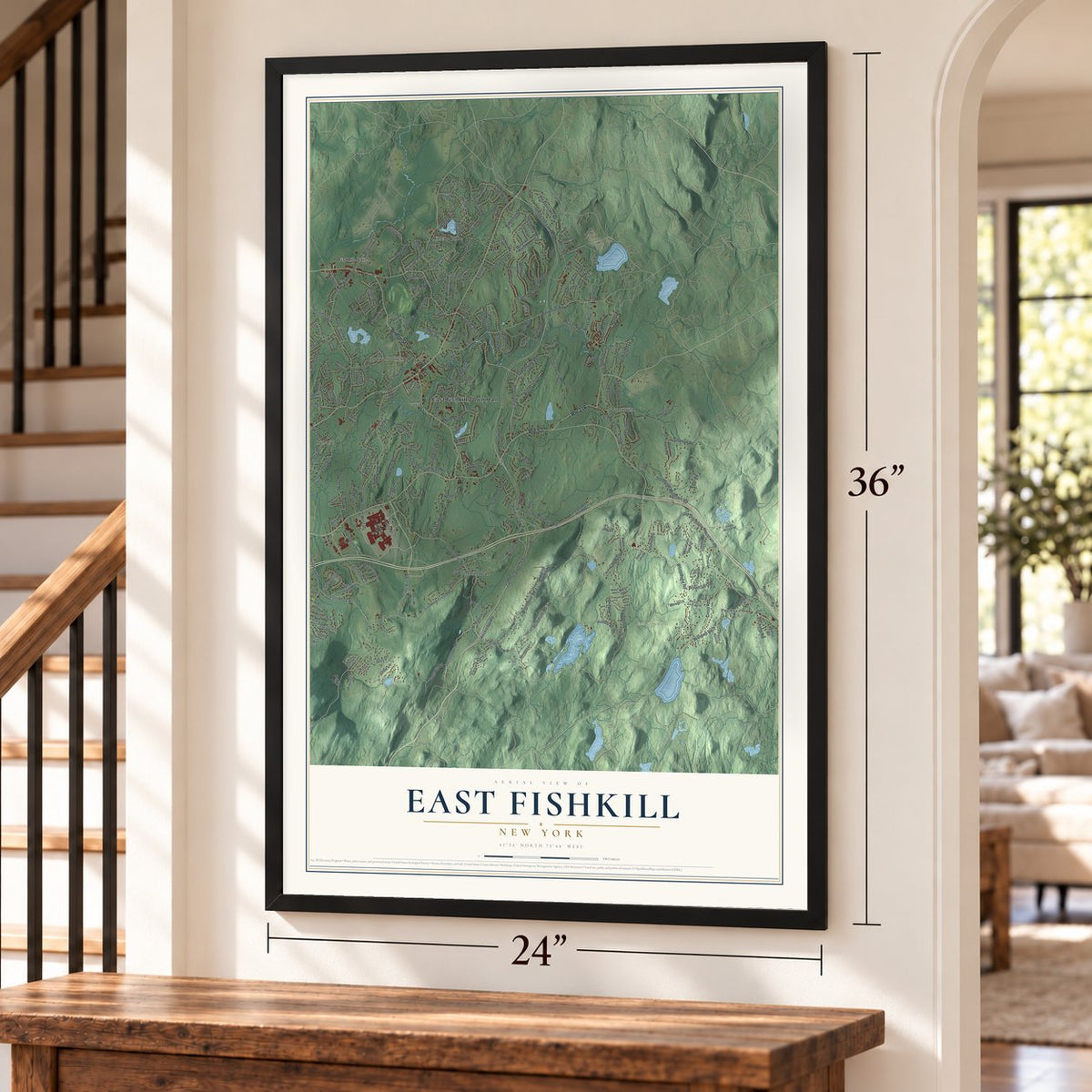 East Fishkill, New York map, 24 x 36 inch print in a black frame by a staircase