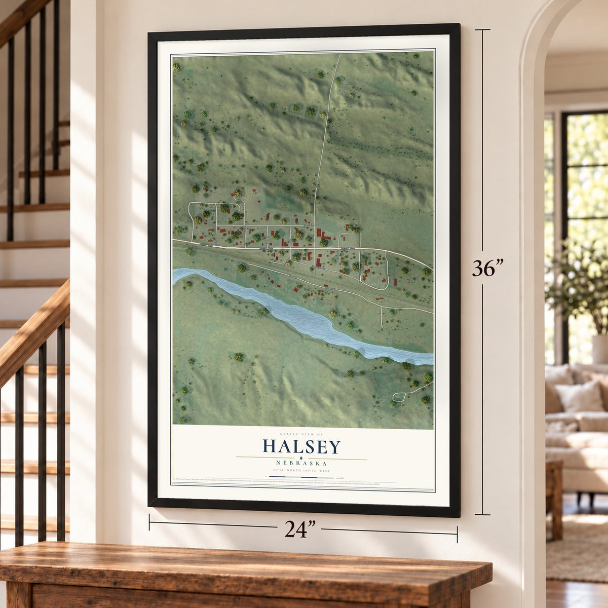 Halsey, Nebraska map, 24 x 36 inch print in a black frame by a staircase
