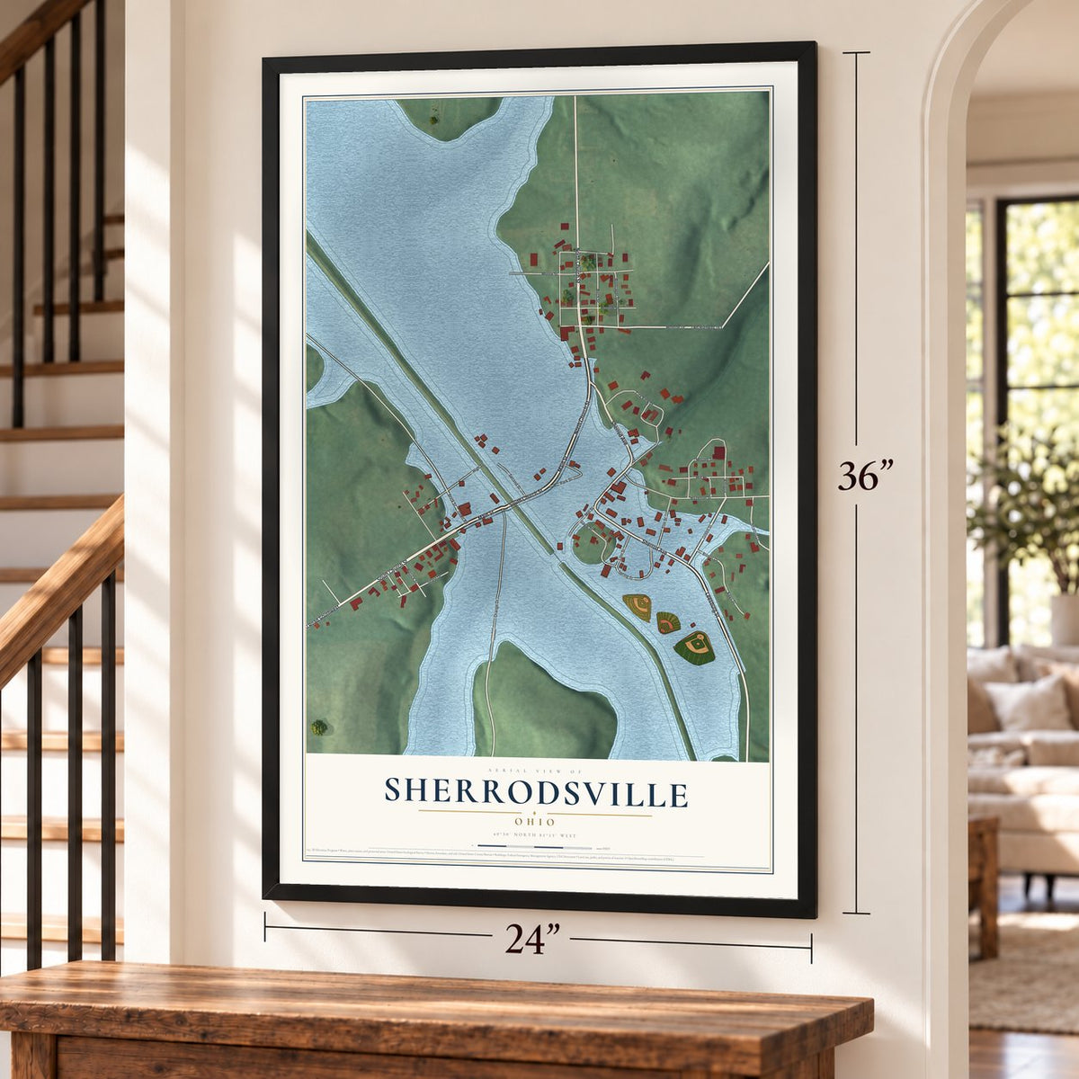 Sherrodsville, Ohio map, 24 x 36 inch print in a black frame by a staircase