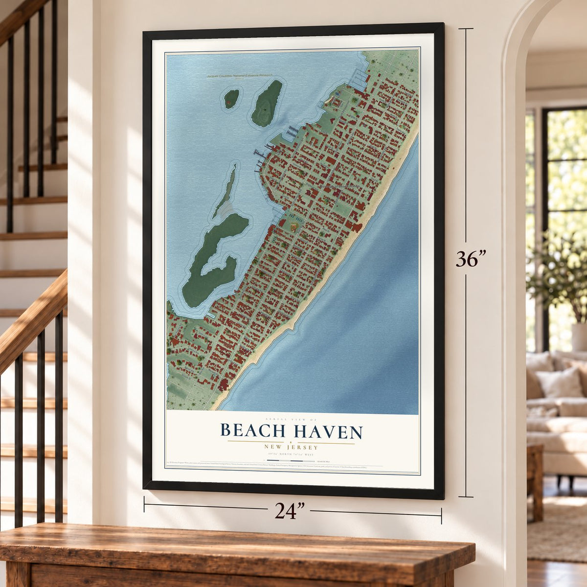 Beach Haven, New Jersey map, 24 x 36 inch print in a black frame by a staircase