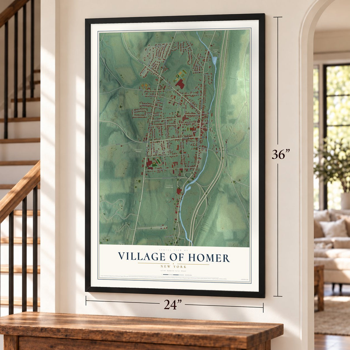 Village of Homer, New York map, 24 x 36 inch print in a black frame by a staircase