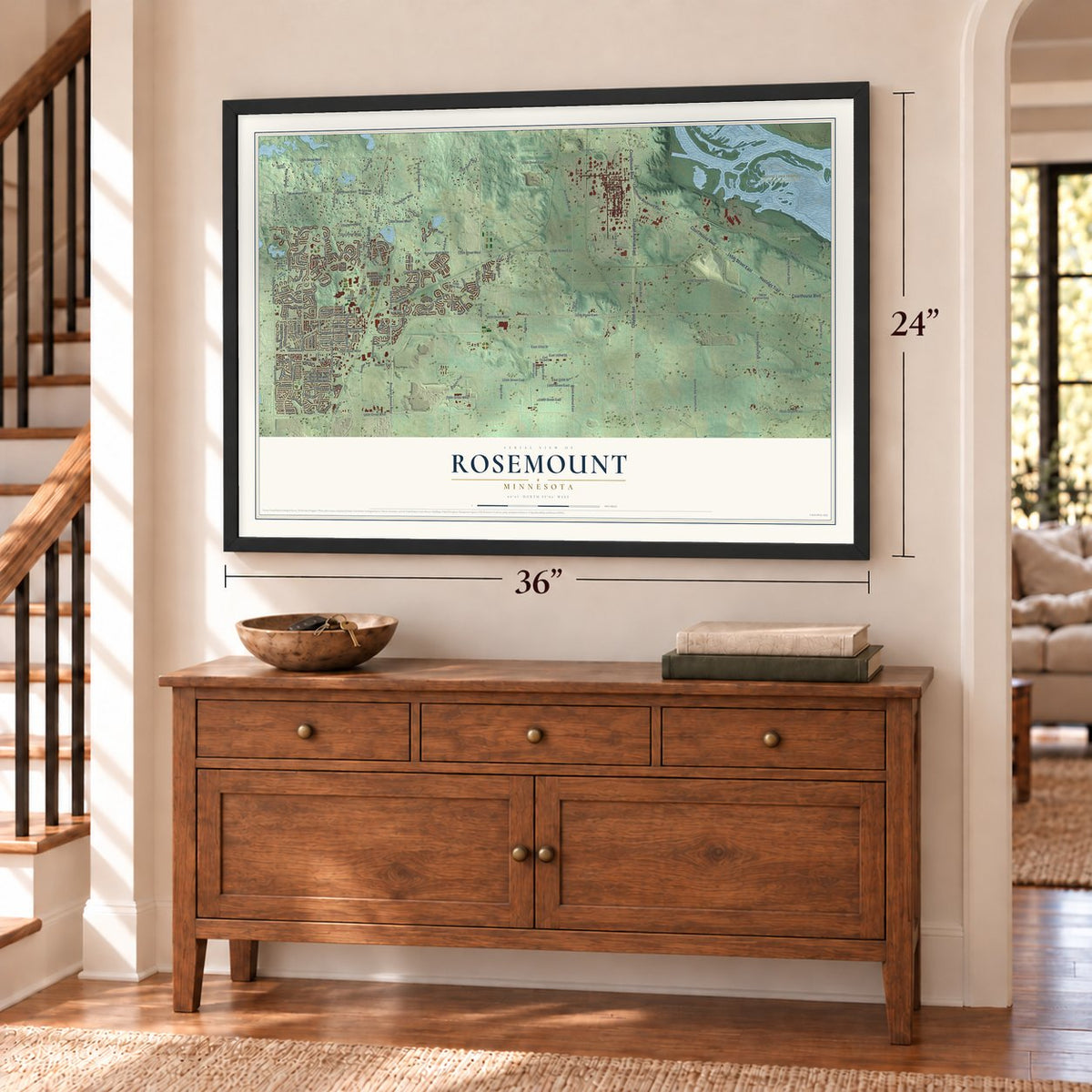 Rosemount, Minnesota map, 24 x 36 inch print in a black frame above a dresser by a staircase