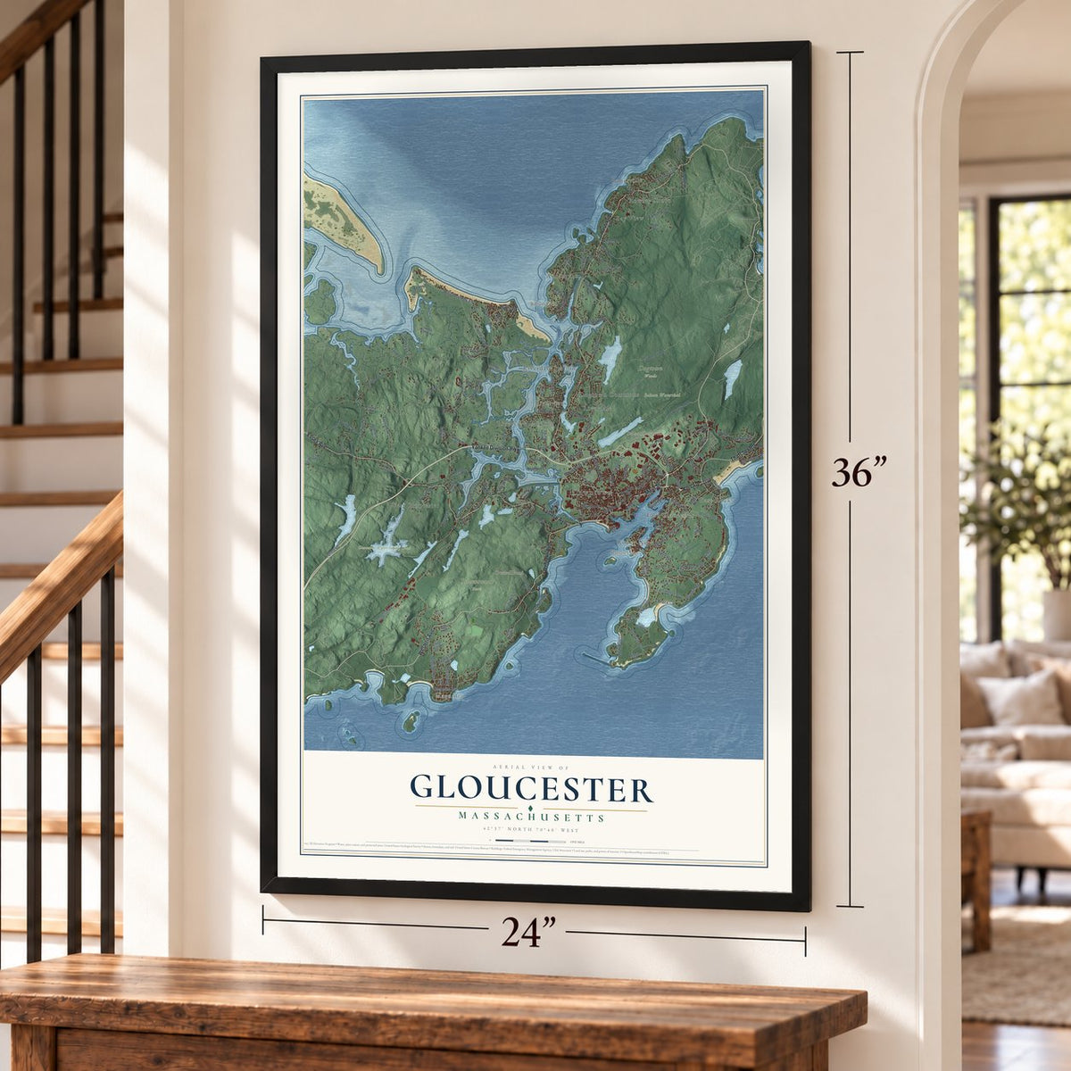 Gloucester, Massachusetts map, 24 x 36 inch print in a black frame by a staircase