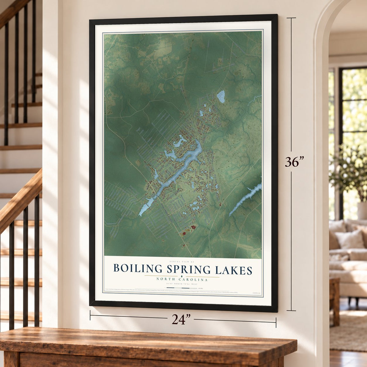 Boiling Spring Lakes, North Carolina map, 24 x 36 inch print in a black frame by a staircase