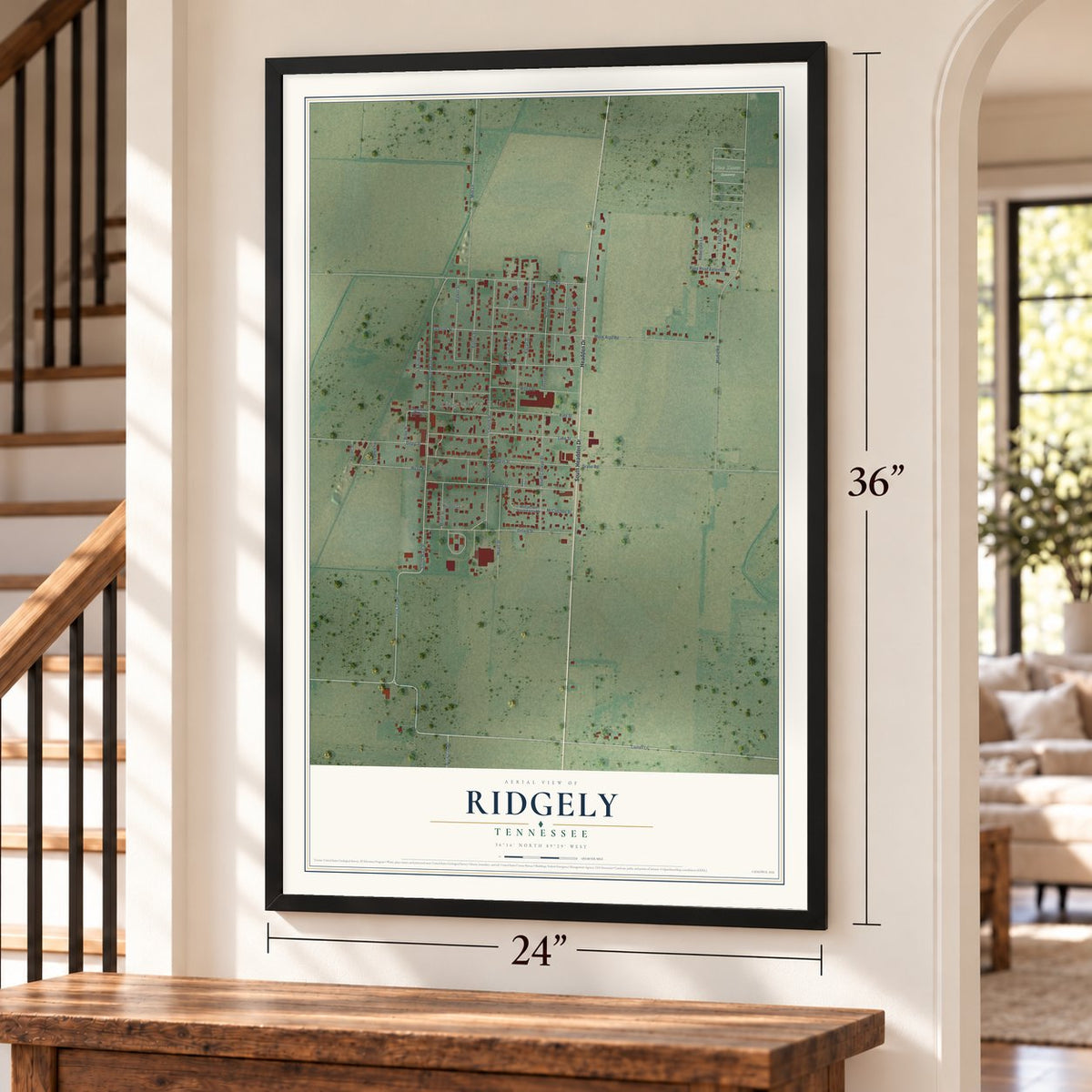 Ridgely, Tennessee map, 24 x 36 inch print in a black frame by a staircase