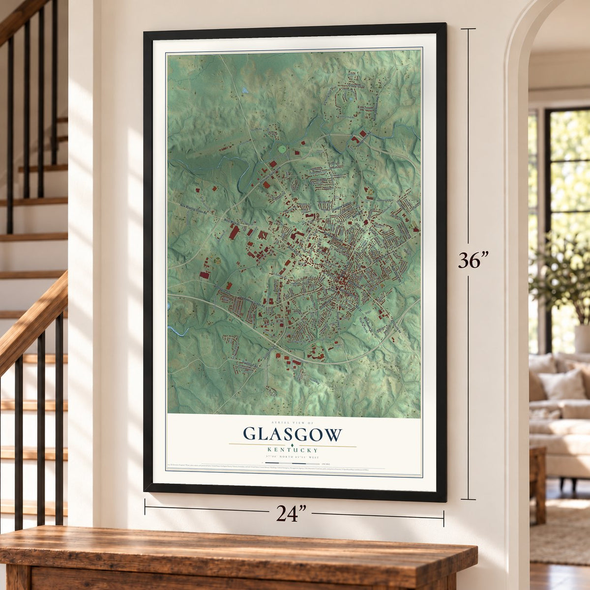 Glasgow, Kentucky map, 24 x 36 inch print in a black frame by a staircase
