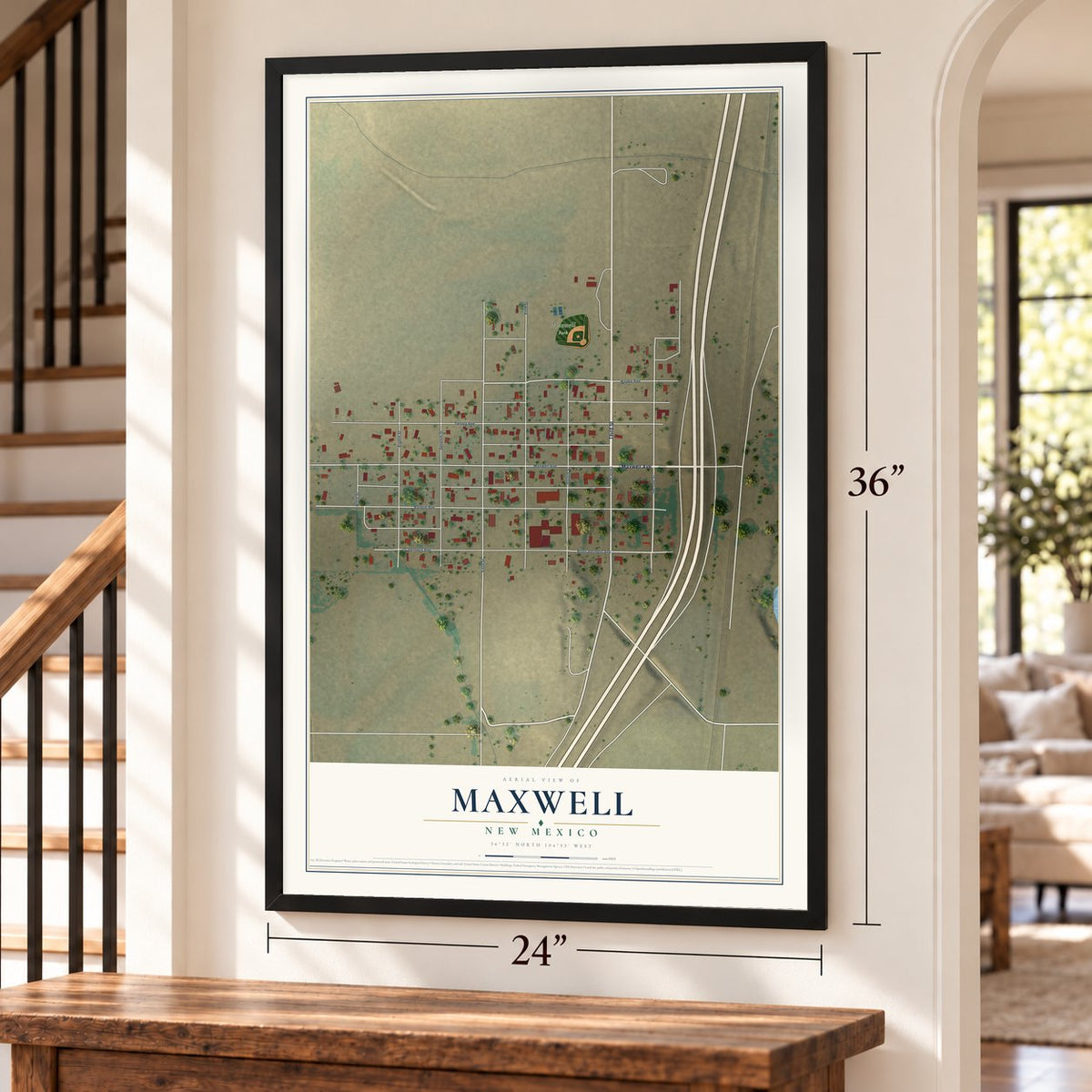 Maxwell, New Mexico map, 24 x 36 inch print in a black frame by a staircase