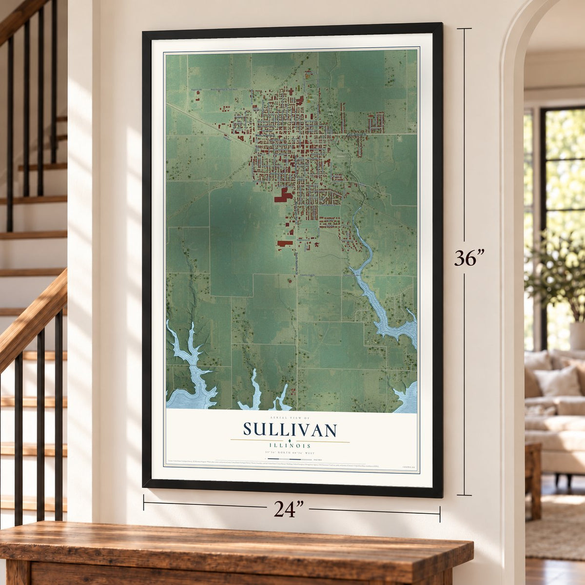 Sullivan, Illinois map, 24 x 36 inch print in a black frame by a staircase