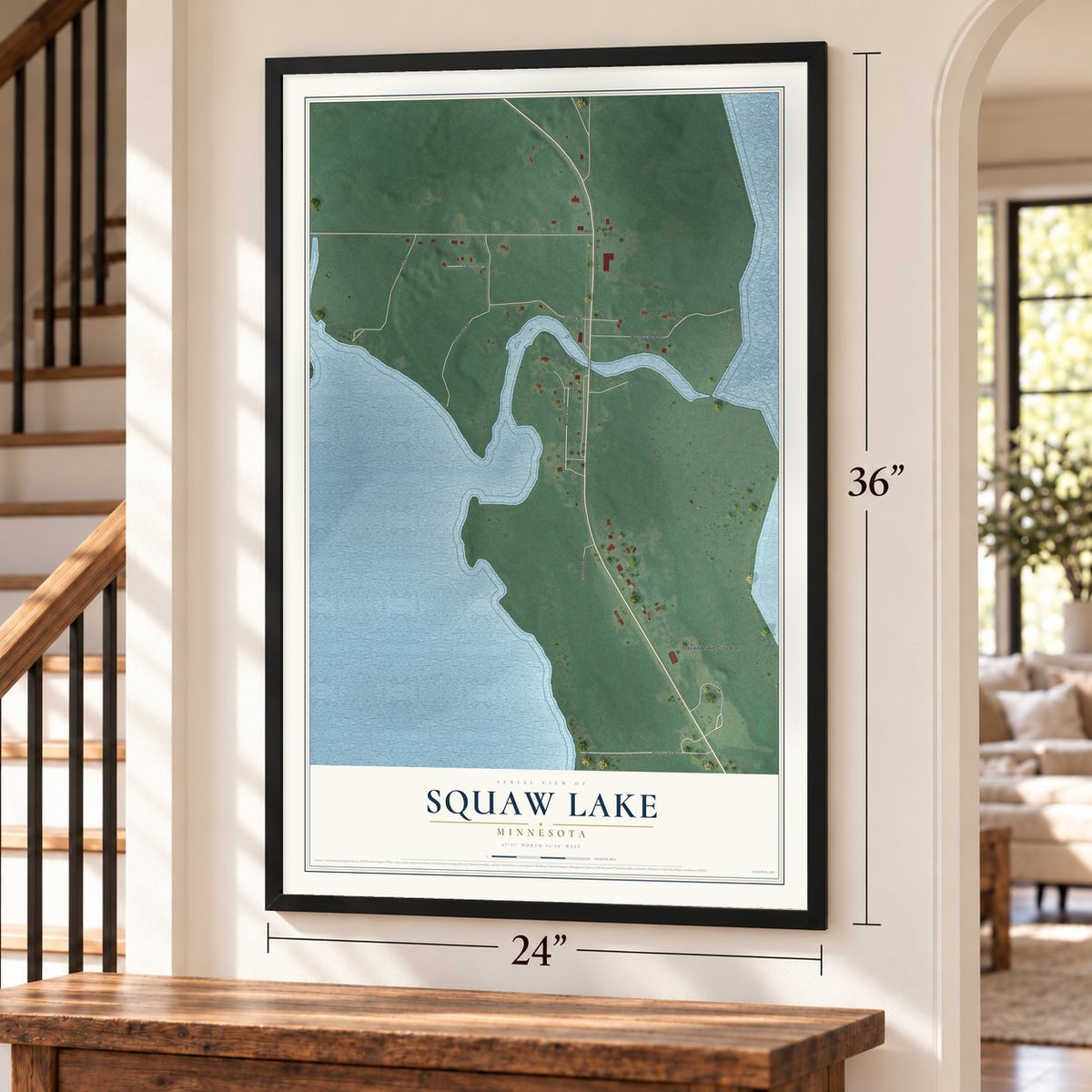 Squaw Lake, Minnesota map, 24 x 36 inch print in a black frame by a staircase
