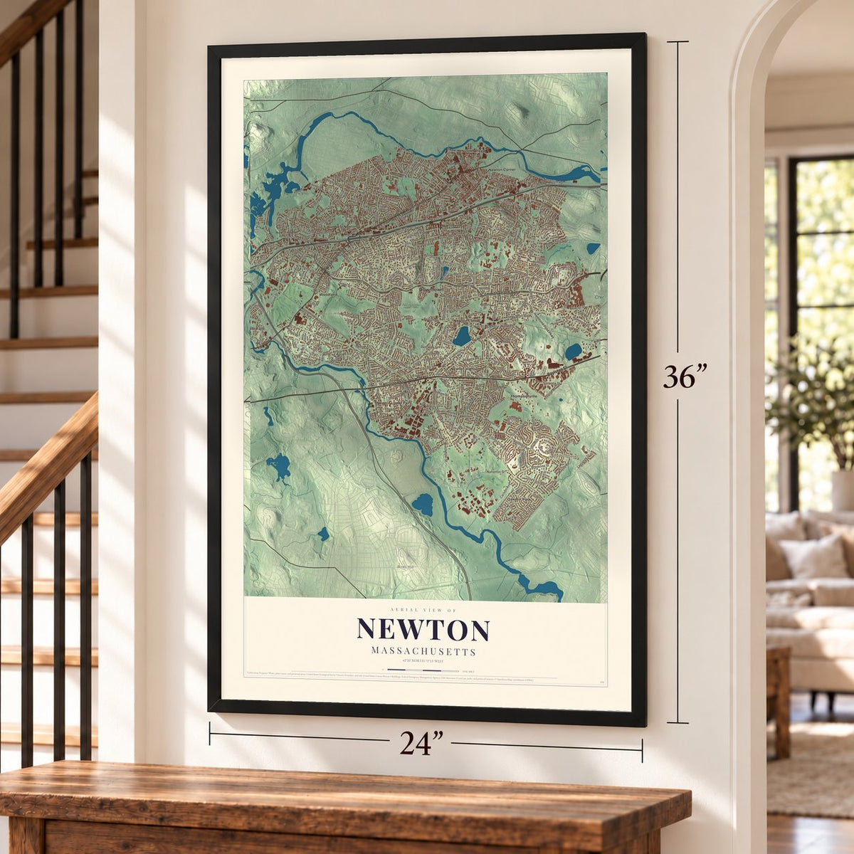 Newton, Massachusetts map, 24 x 36 inch print in a black frame by a staircase