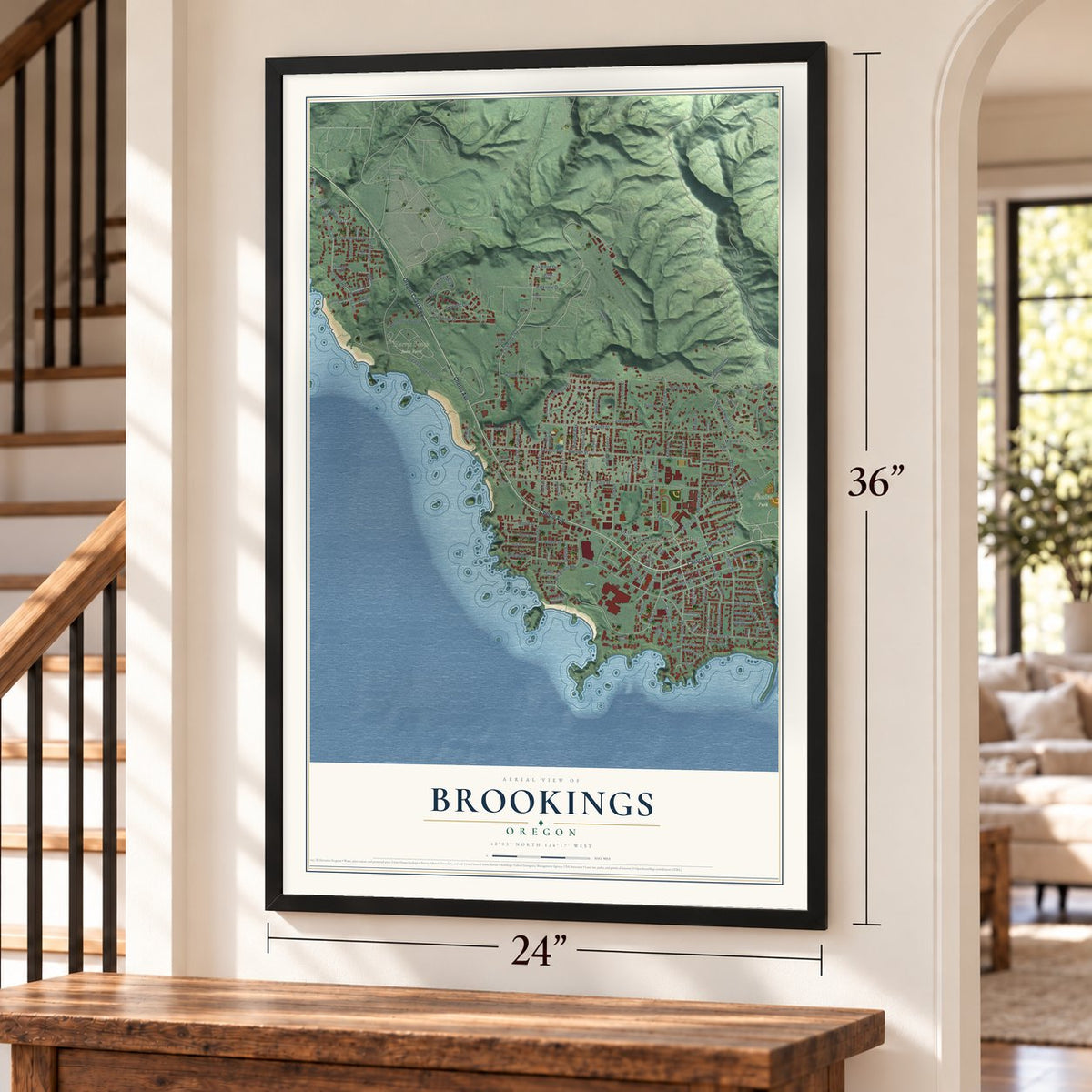 Brookings, Oregon map, 24 x 36 inch print in a black frame by a staircase