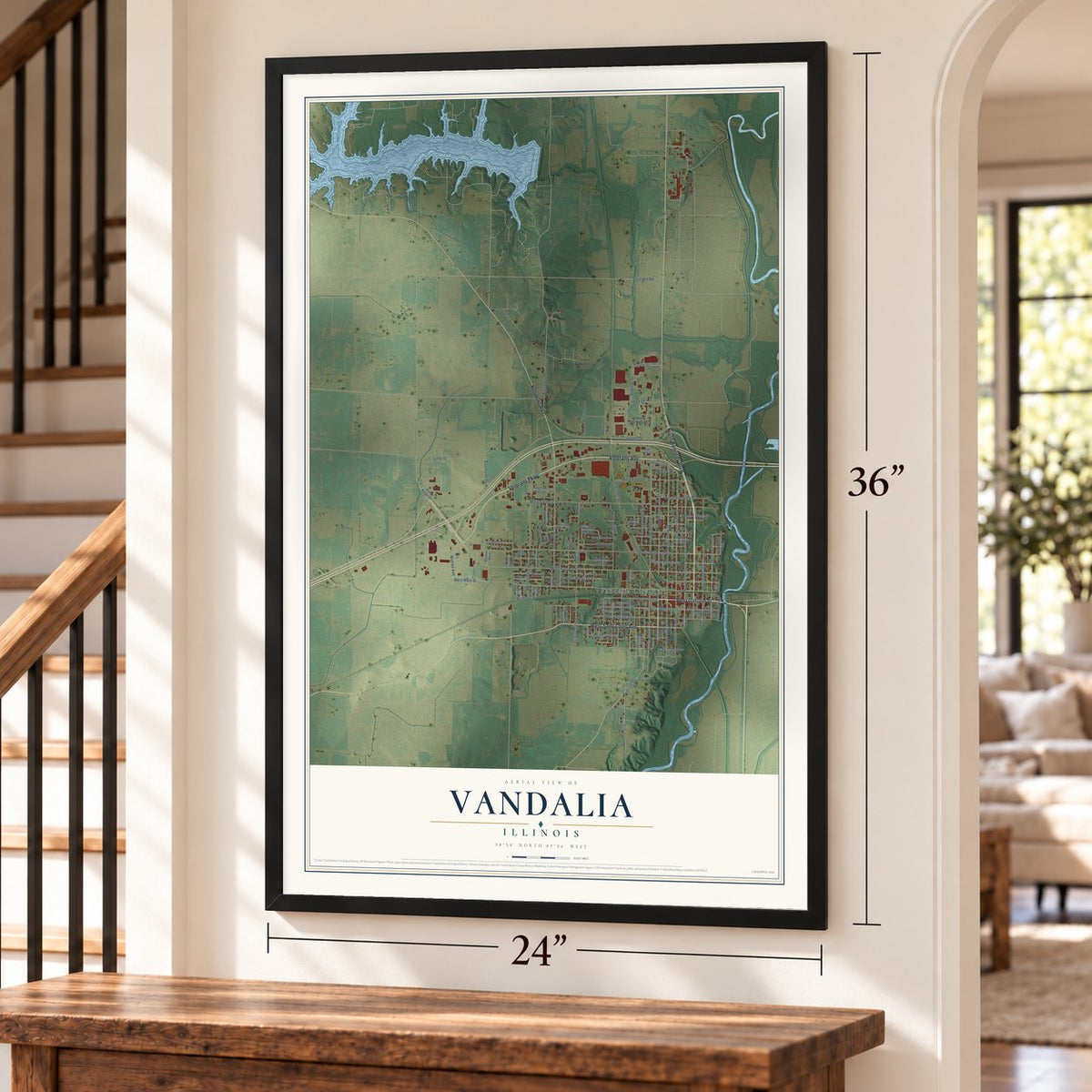 Vandalia, Illinois map, 24 x 36 inch print in a black frame by a staircase