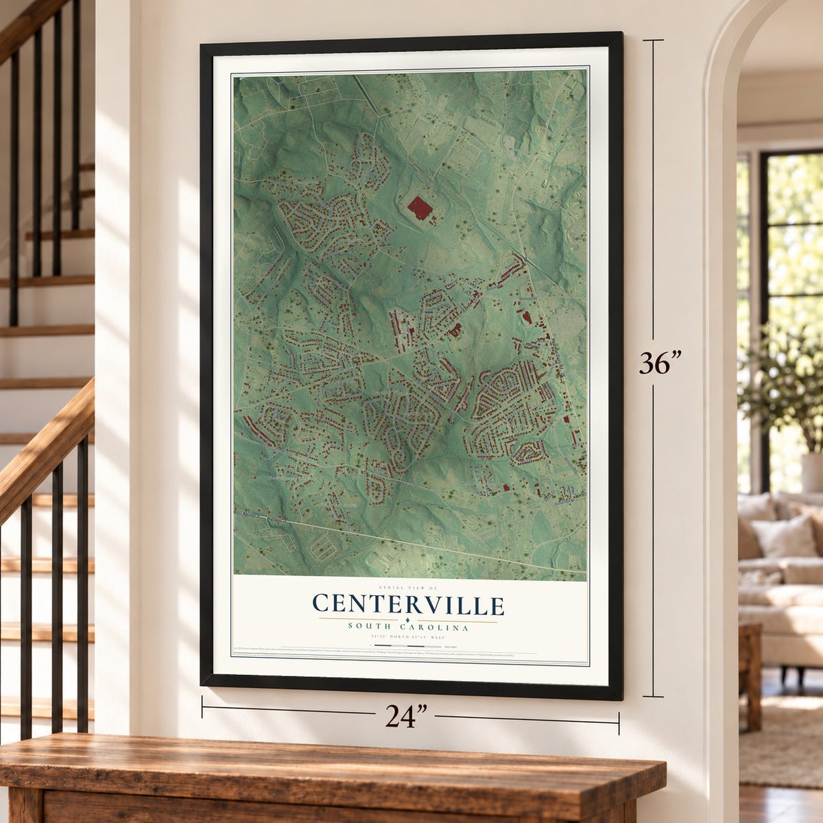 Centerville, South Carolina map, 24 x 36 inch print in a black frame by a staircase
