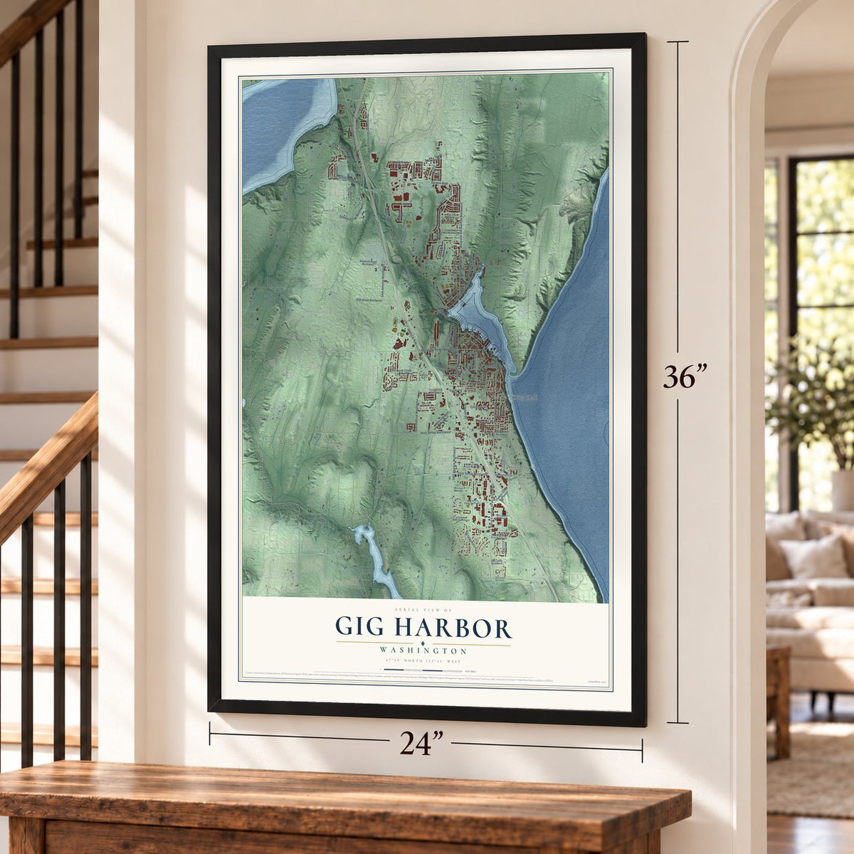 Gig Harbor, Washington map, 24 x 36 inch print in a black frame by a staircase