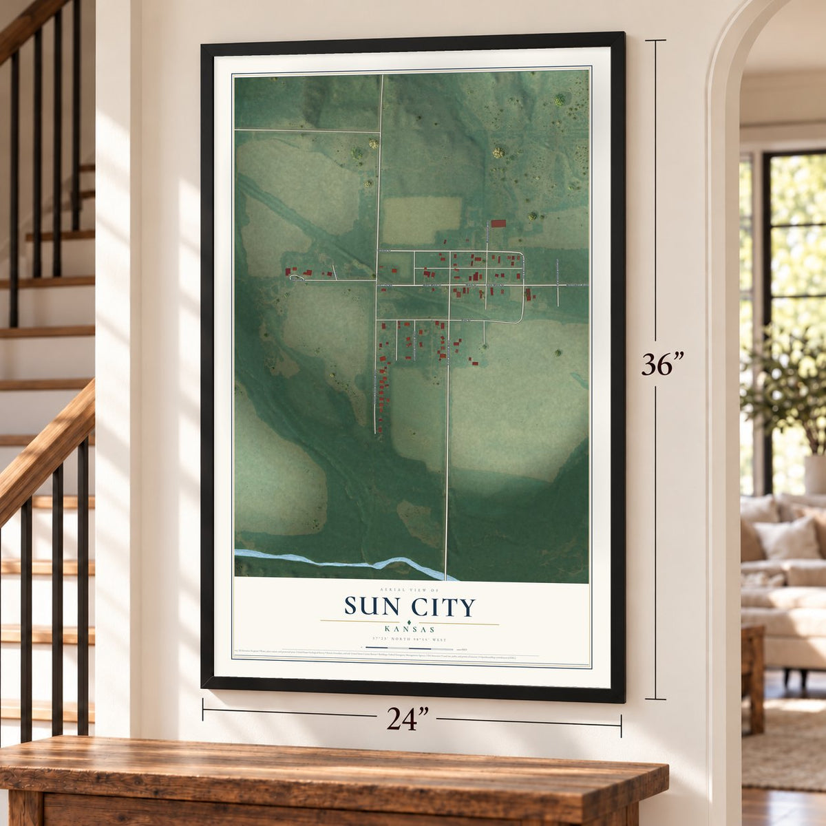 Sun City, Kansas map, 24 x 36 inch print in a black frame by a staircase