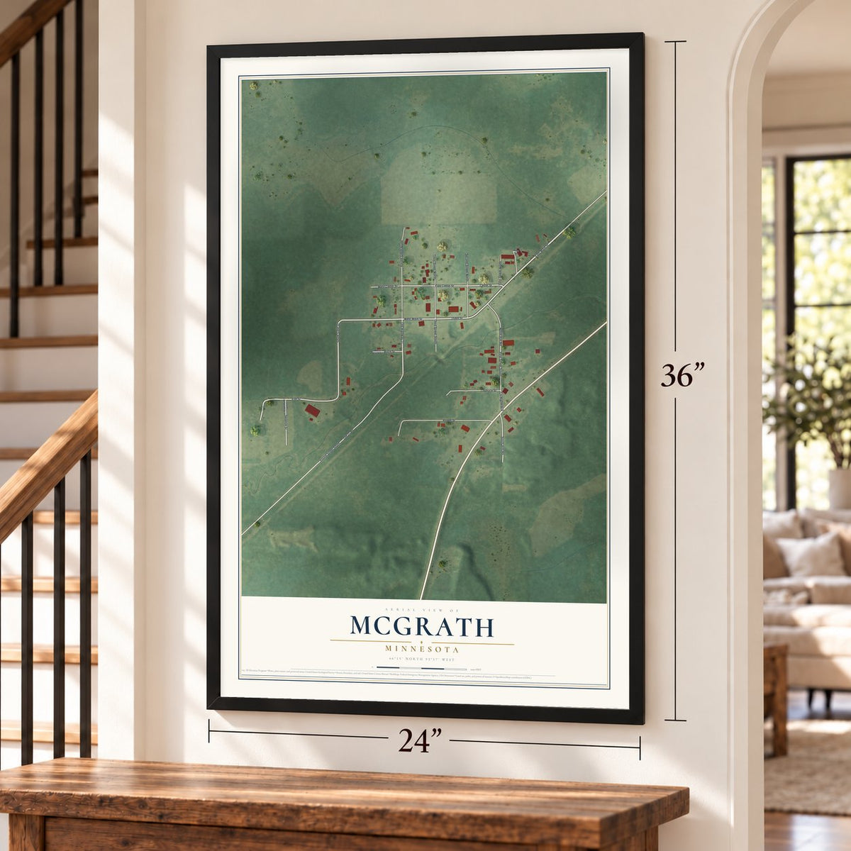McGrath, Minnesota map, 24 x 36 inch print in a black frame by a staircase