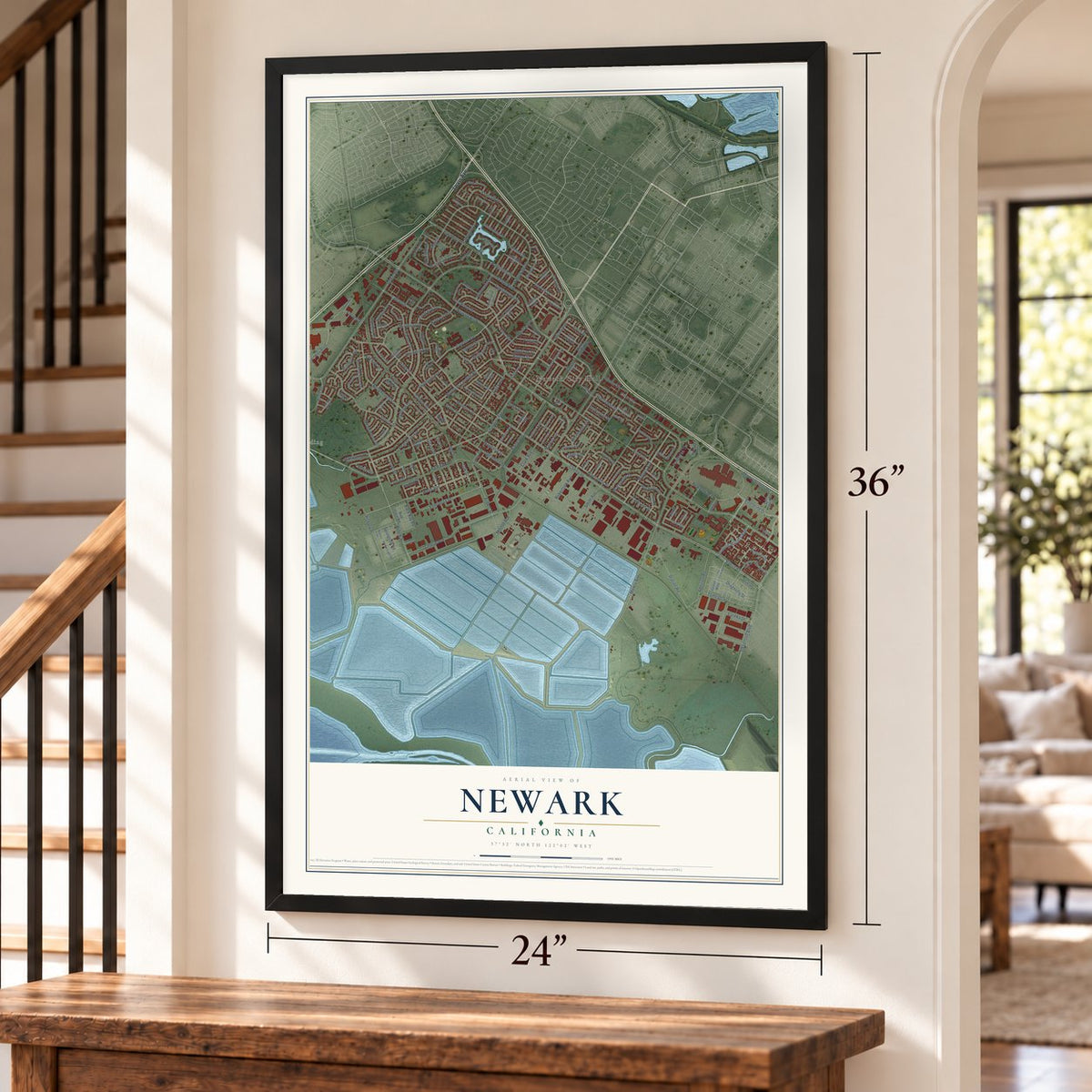 Newark, California map, 24 x 36 inch print in a black frame by a staircase