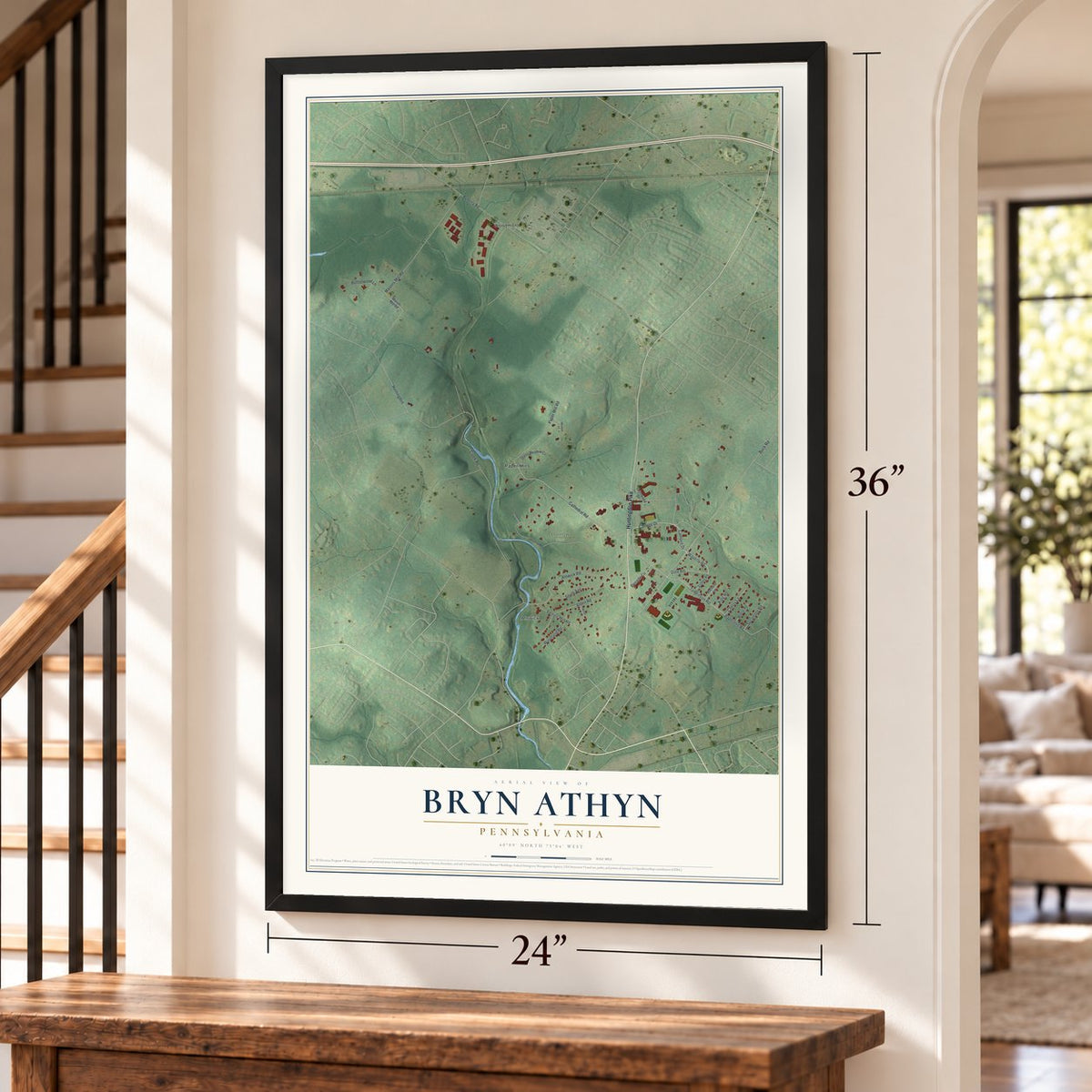 Bryn Athyn, Pennsylvania map, 24 x 36 inch print in a black frame by a staircase