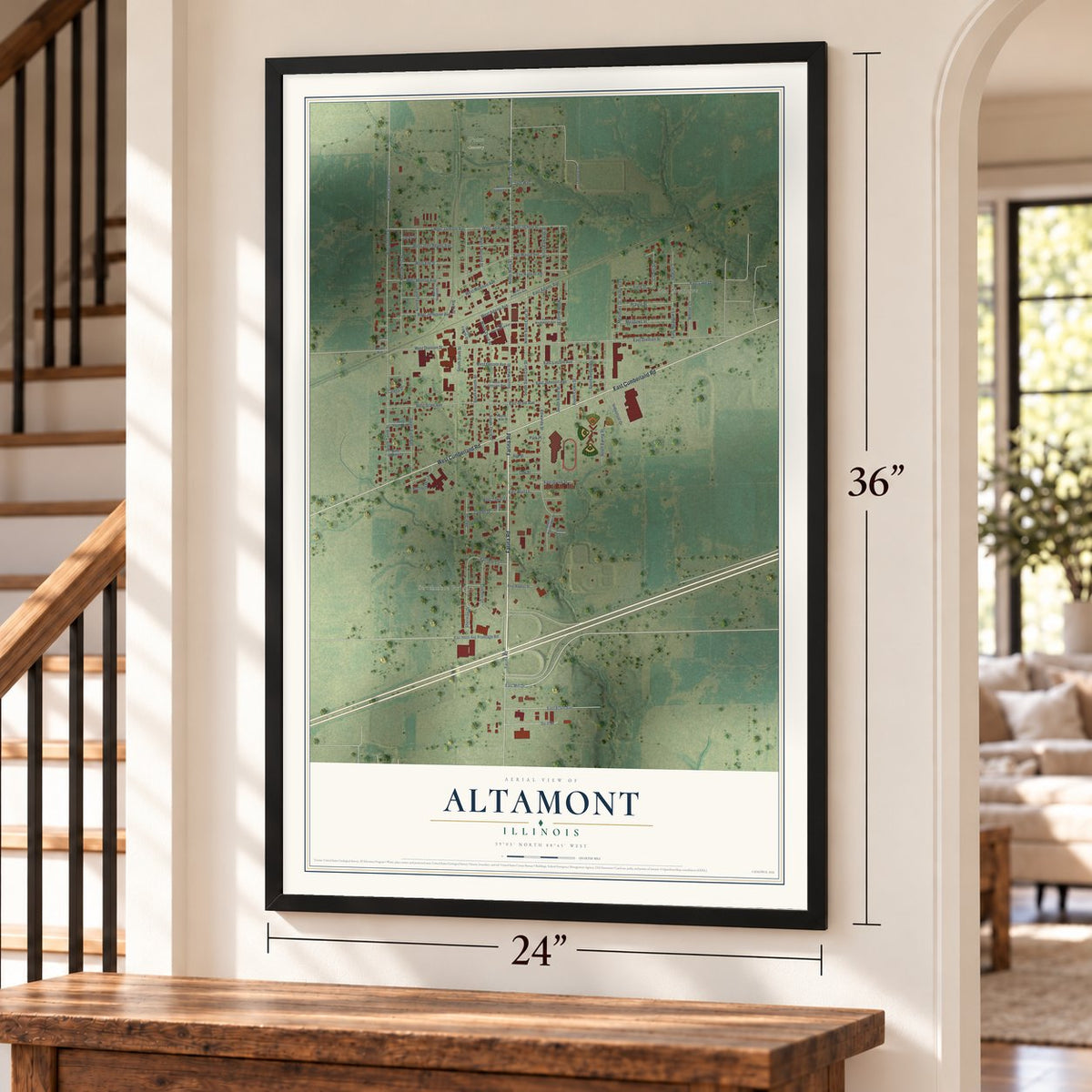Altamont, Illinois map, 24 x 36 inch print in a black frame by a staircase