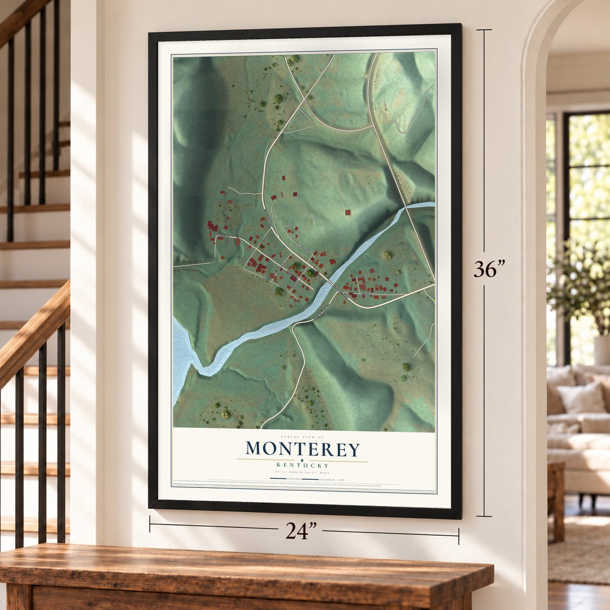 Monterey, Kentucky map, 24 x 36 inch print in a black frame by a staircase
