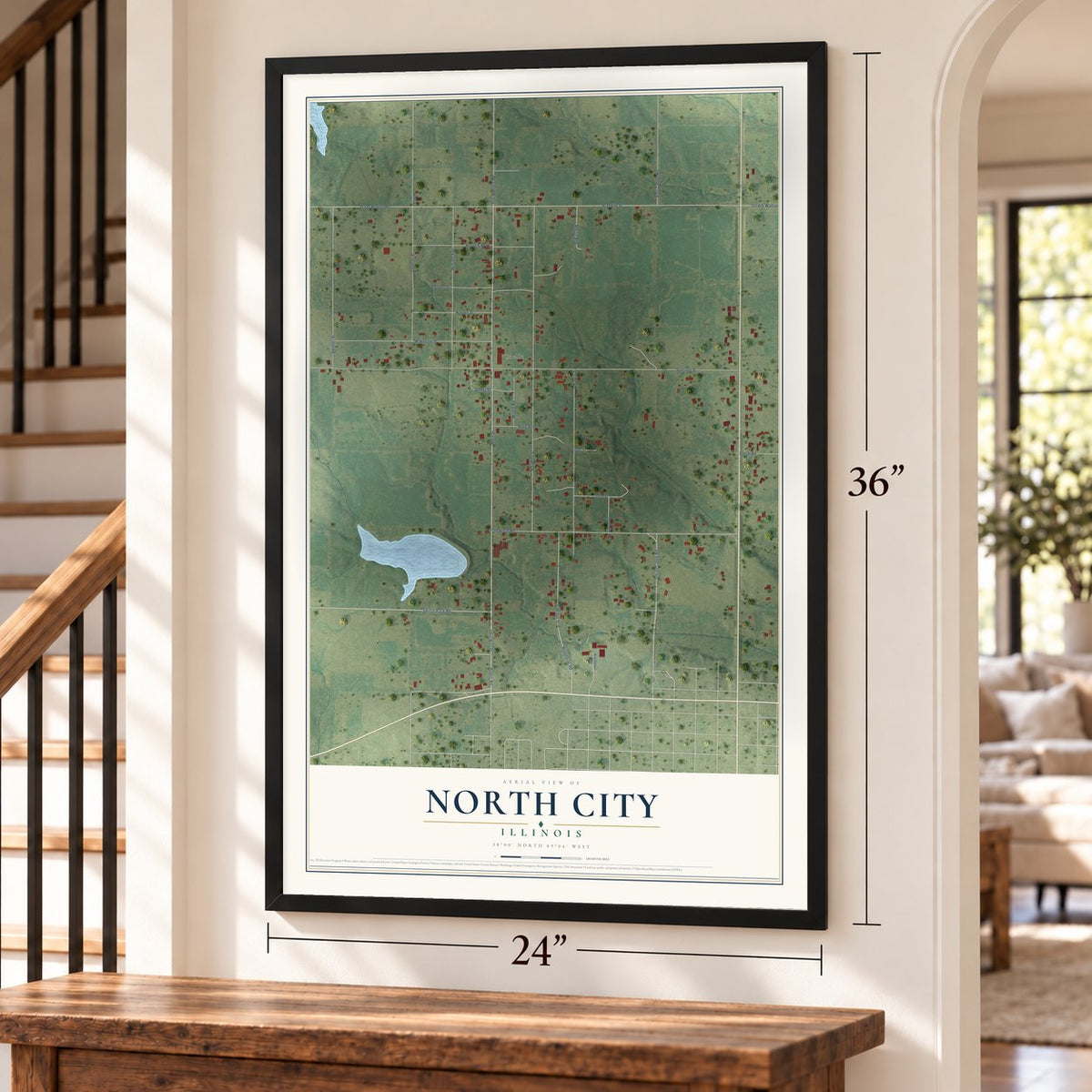 North City, Illinois map, 24 x 36 inch print in a black frame by a staircase