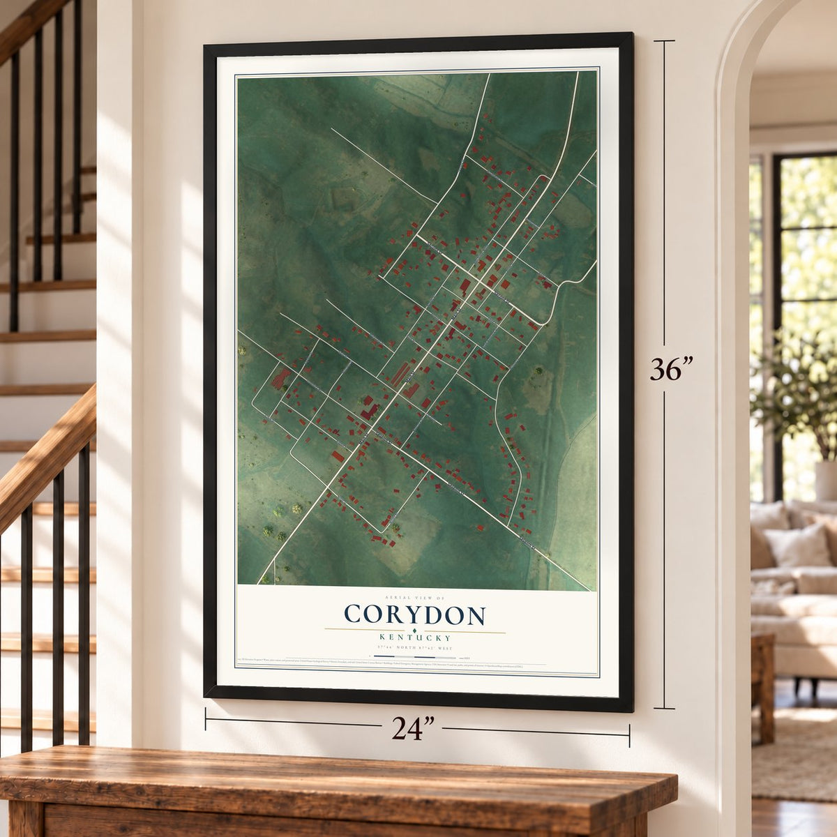 Corydon, Kentucky map, 24 x 36 inch print in a black frame by a staircase